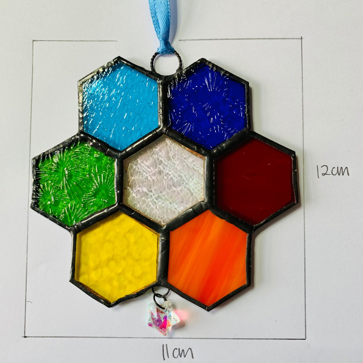 Rainbow Honeycomb Stained Glass Suncatcher with Prism