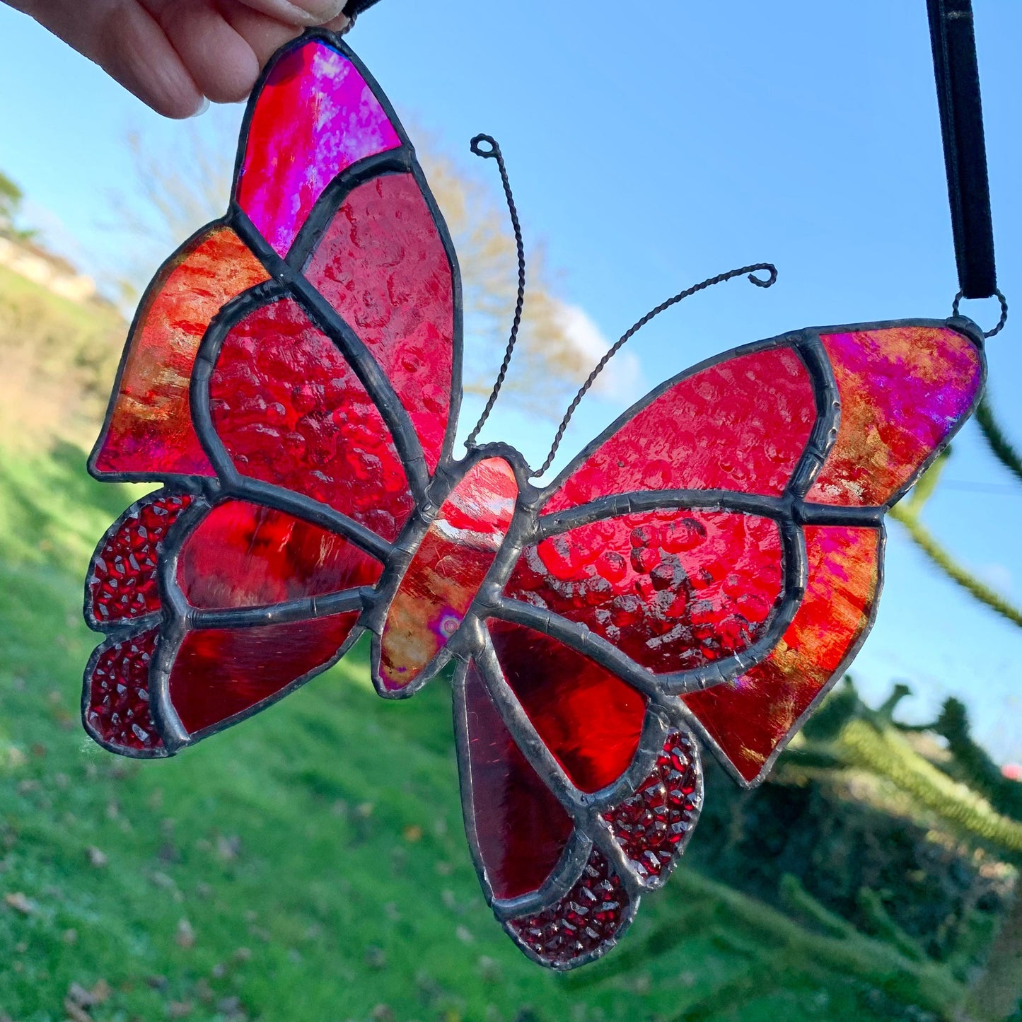 Red Stained Glass Butterfly Suncatcher, Iridescent Window Decor