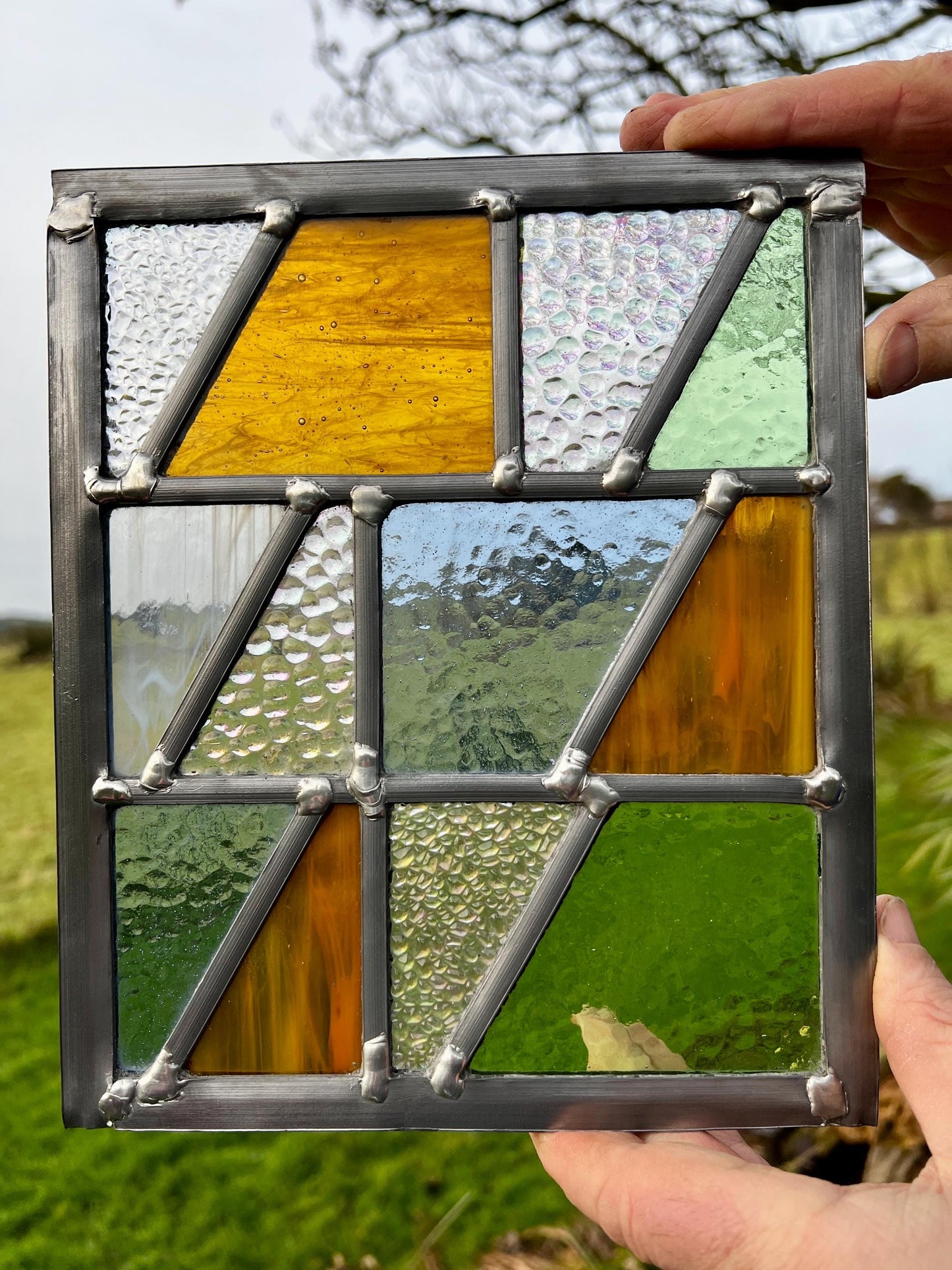 Handcrafted Leaded Stained Glass Panel, Weatherproof Garden Art