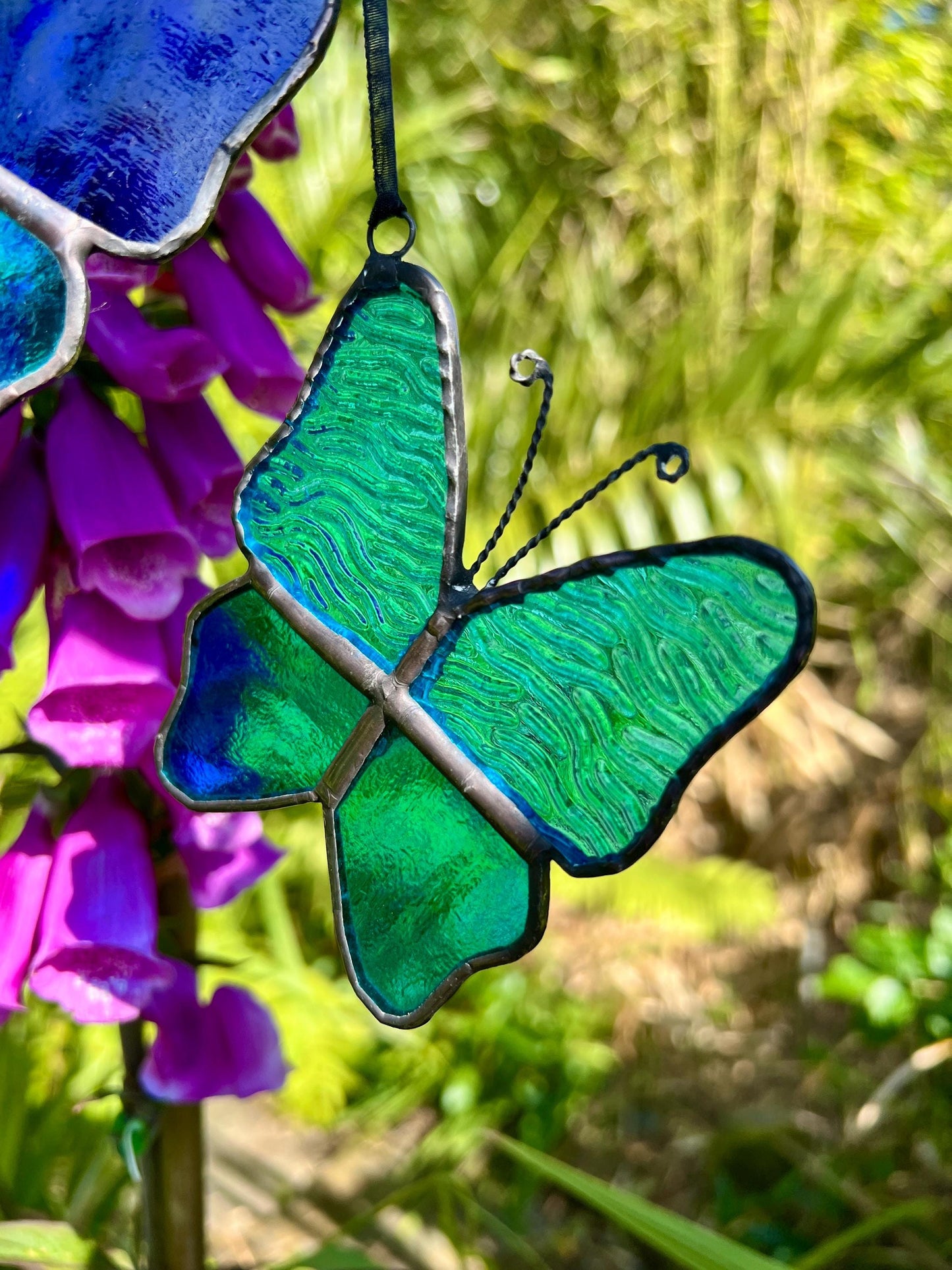 Stained Glass Butterfly Set: Turquoise & Cobalt Blue, Handcrafted