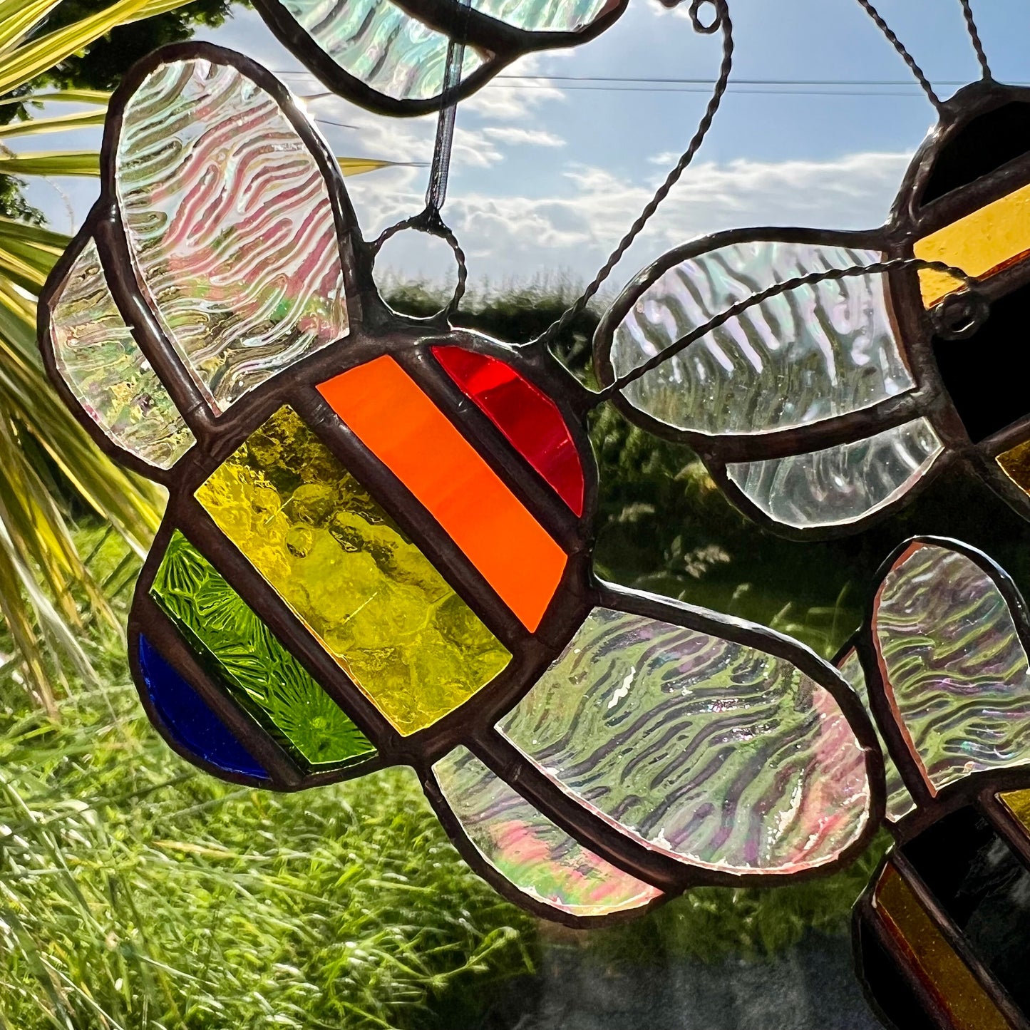 Rainbow Stained Glass Bee Suncatcher: Iridescent Window Decor