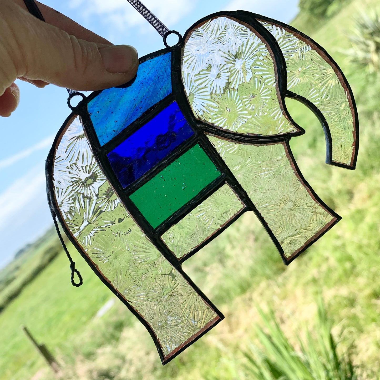 Pretty Elephant Stained Glass Suncatcher in shades of blue & turquoise with iridescent ..
