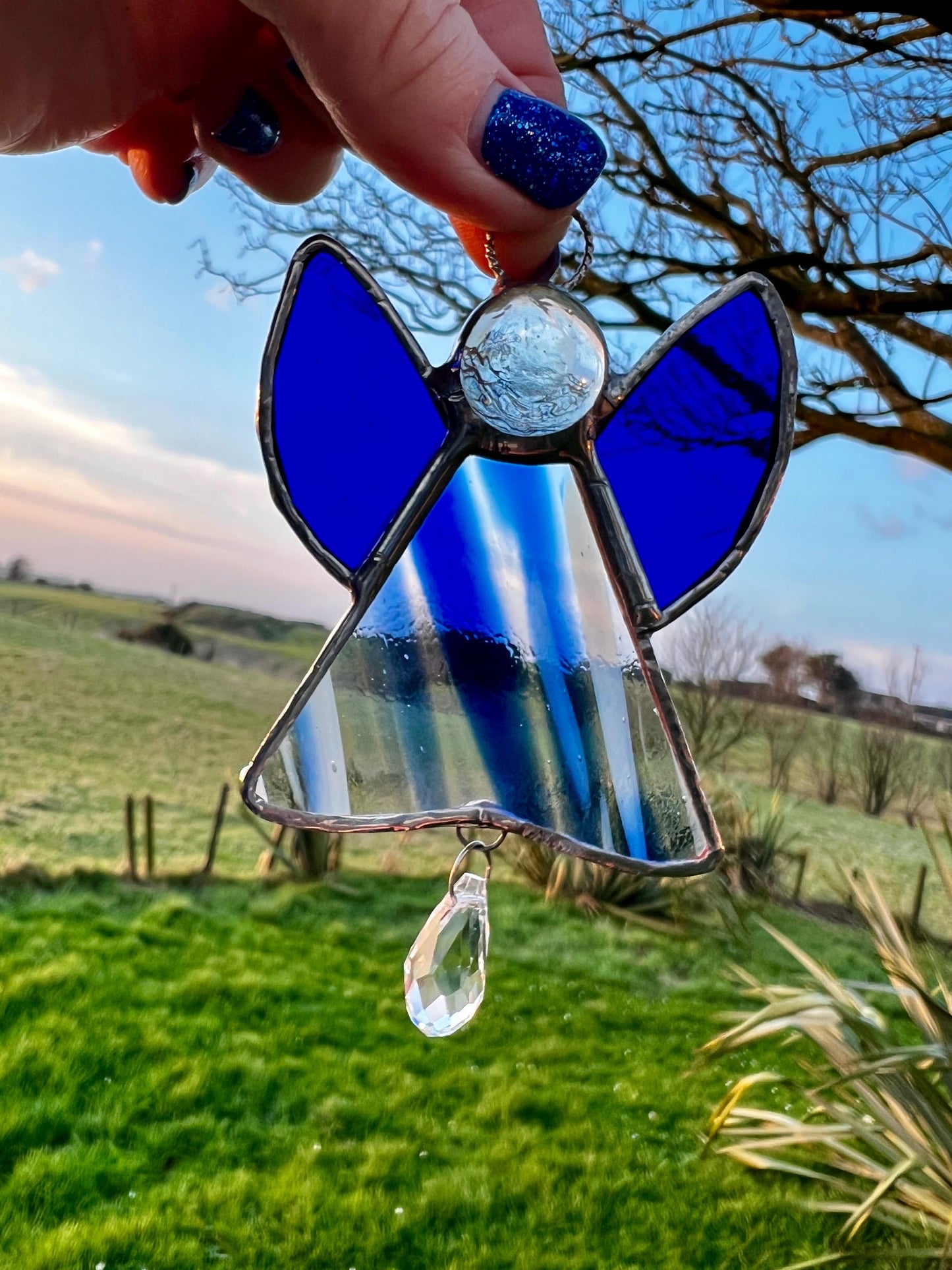Blue Stained Glass Angel Suncatcher with Prism – Handmade Window Ornament