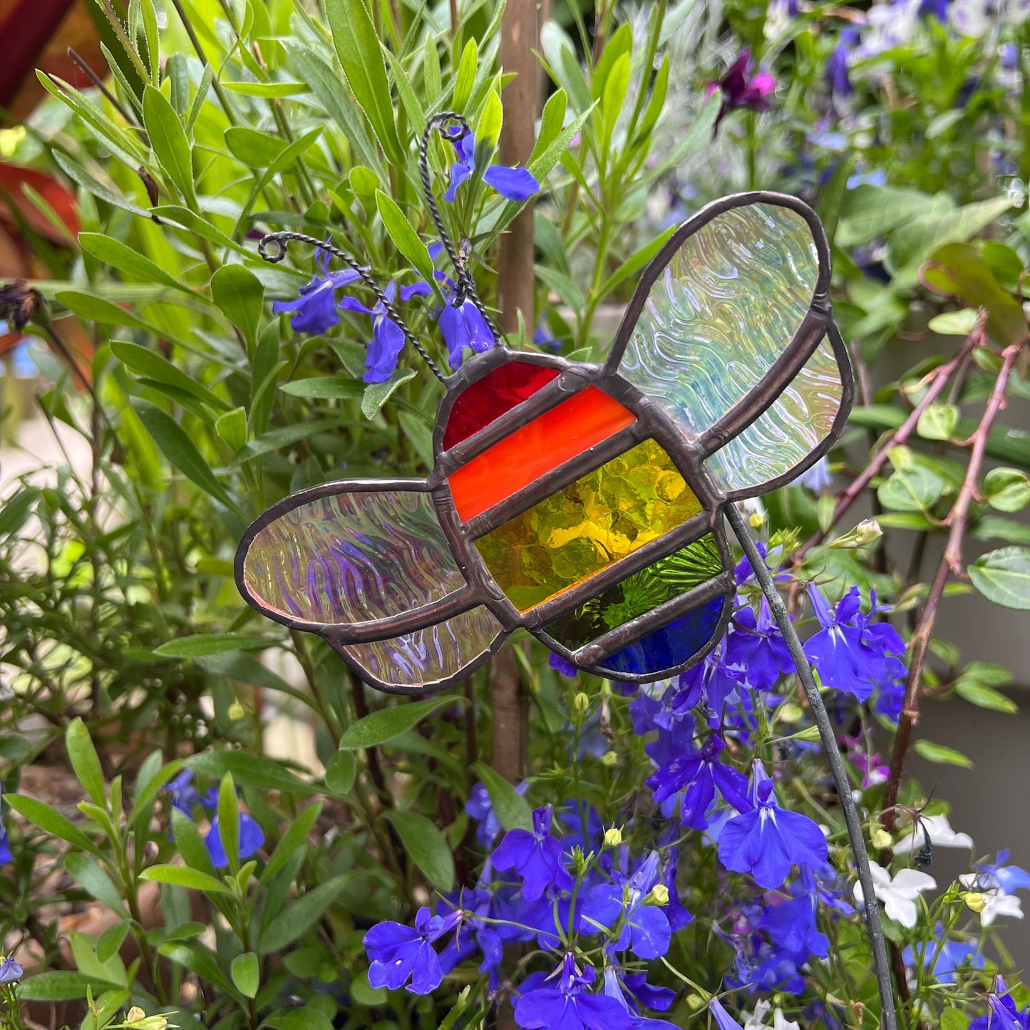 Rainbow Stained Glass Bee Plant Stake, Iridescent Garden Decor