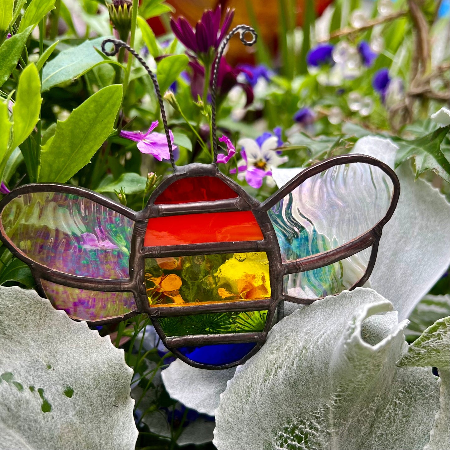 Rainbow Stained Glass Bee Plant Stake, Iridescent Garden Decor