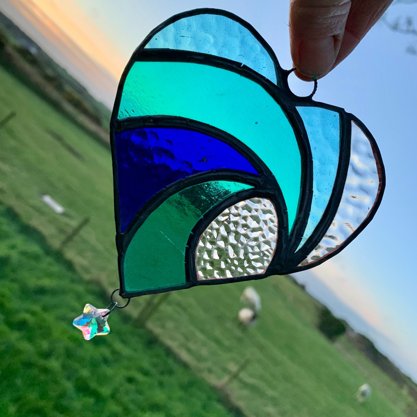 Stained Glass Heart Suncatcher: Sea Blue Wave with Iridescent Star