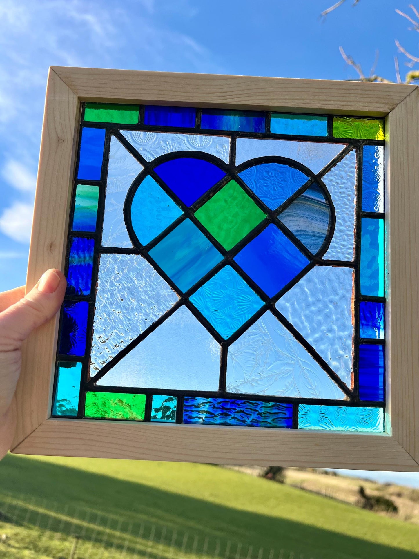Framed Stained Glass Heart: Blue & Green Patchwork, Handcrafted Pine Frame