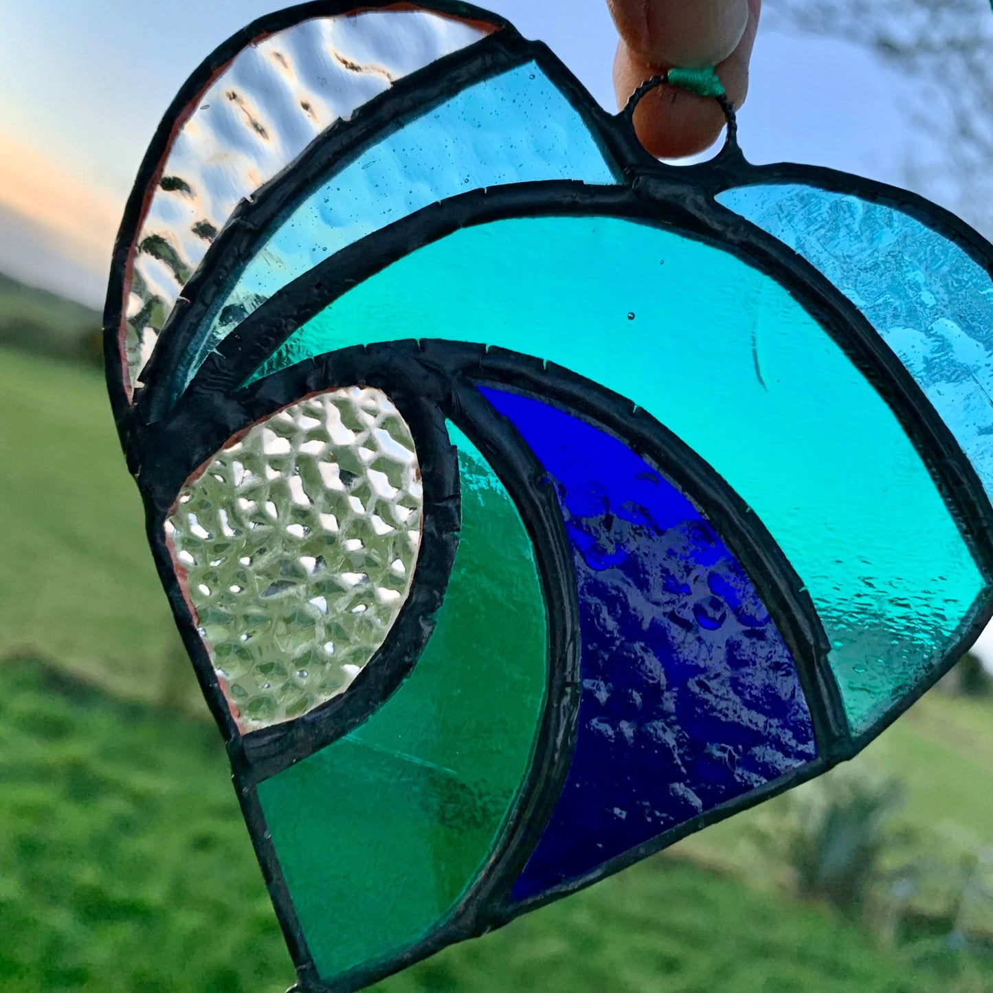 Stained Glass Heart Suncatcher: Sea Blue Wave with Iridescent Star
