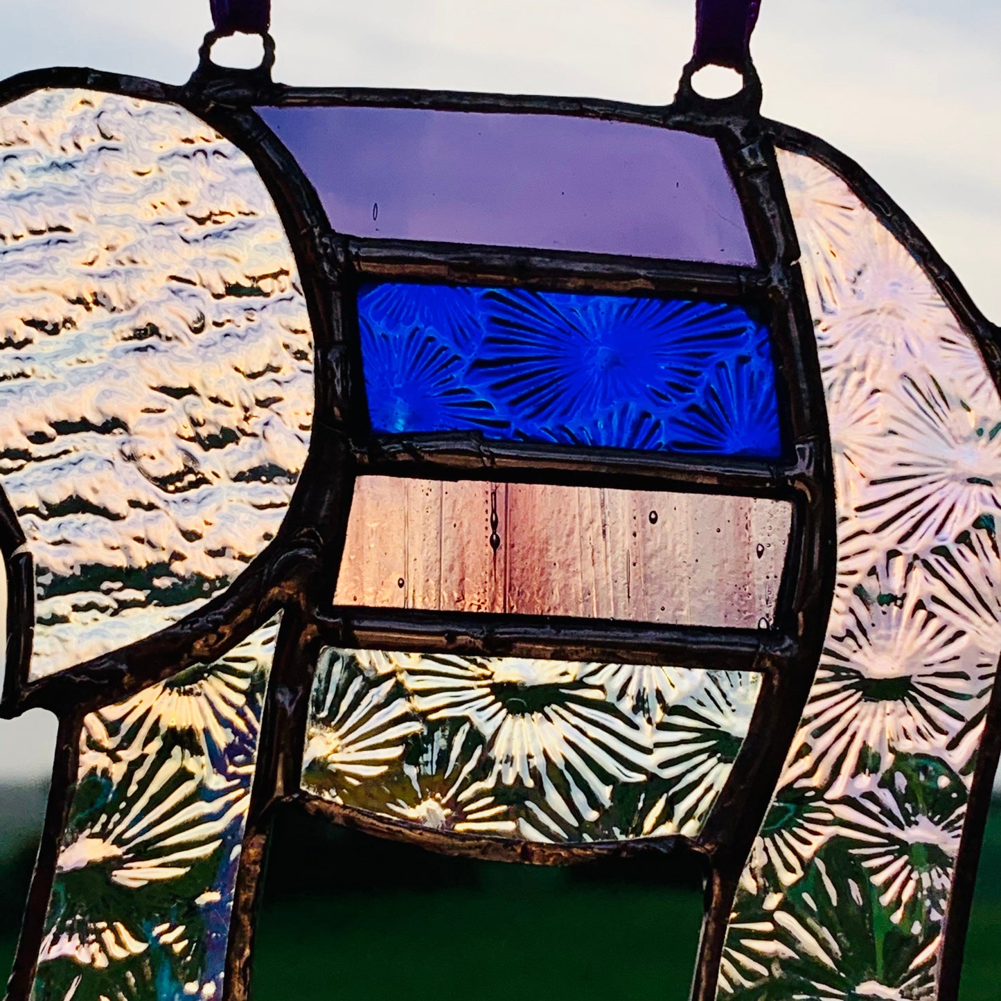 Pretty Elephant Stained Glass Suncatcher in shades of purple with iridescent ..
