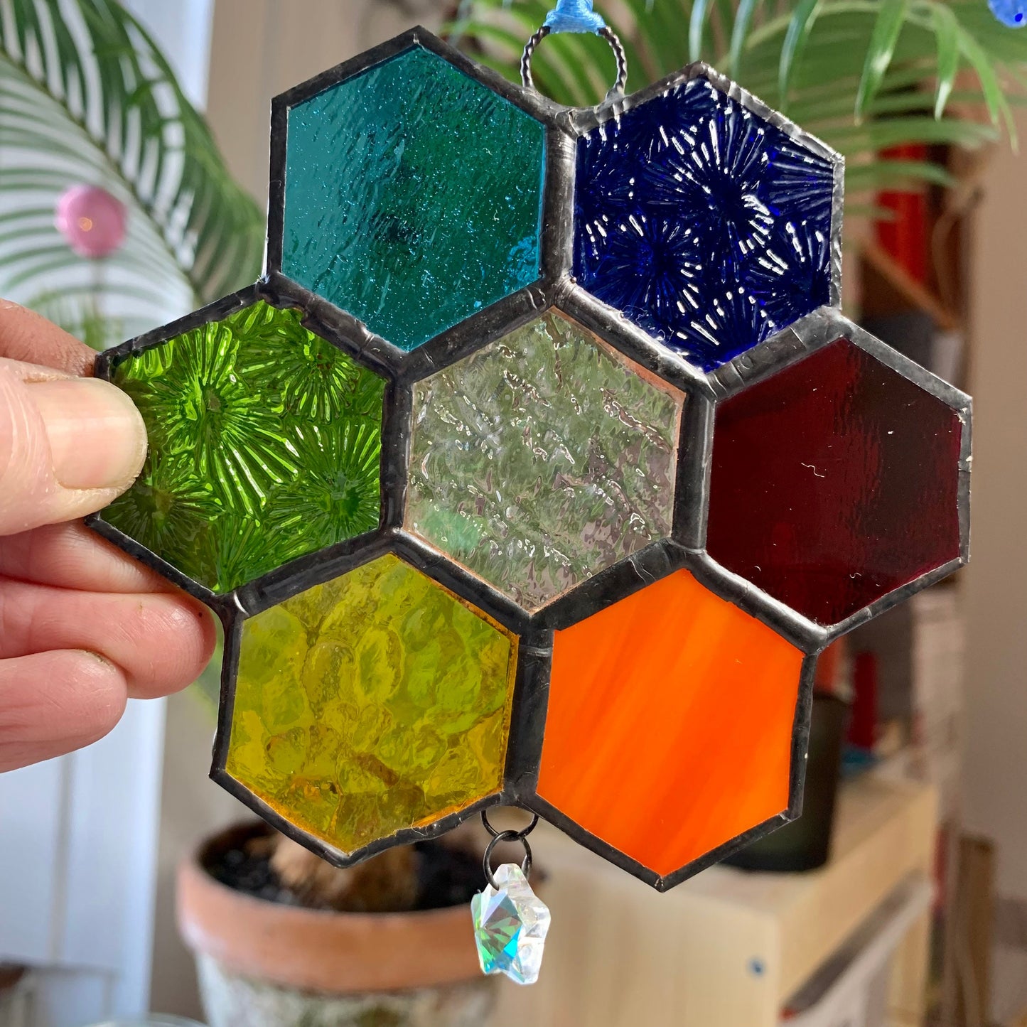 Rainbow Honeycomb Stained Glass Suncatcher with Prism