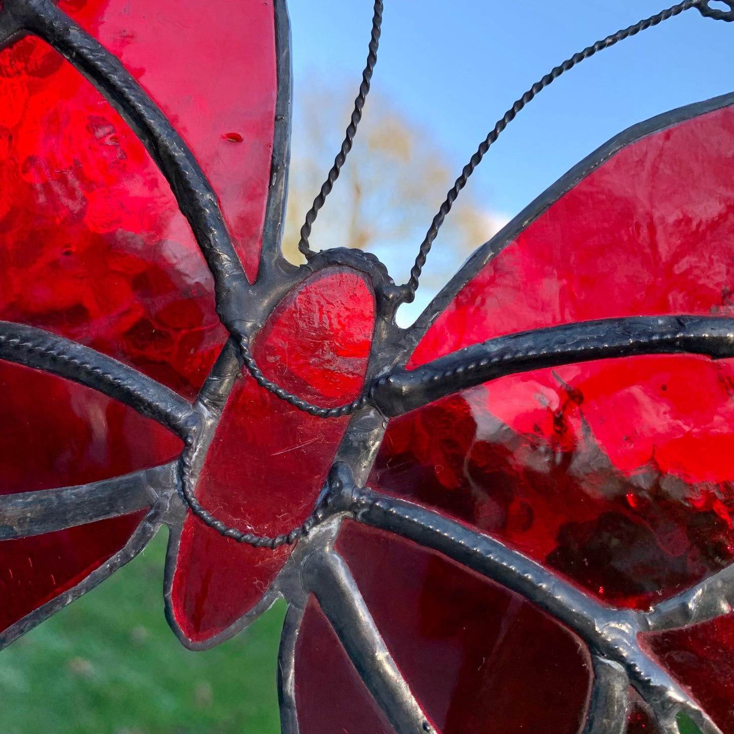 Red Stained Glass Butterfly Suncatcher, Iridescent Window Decor