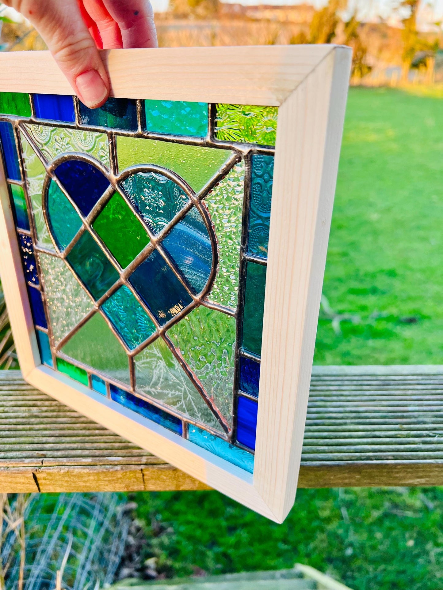 Framed Stained Glass Heart: Blue & Green Patchwork, Handcrafted Pine Frame