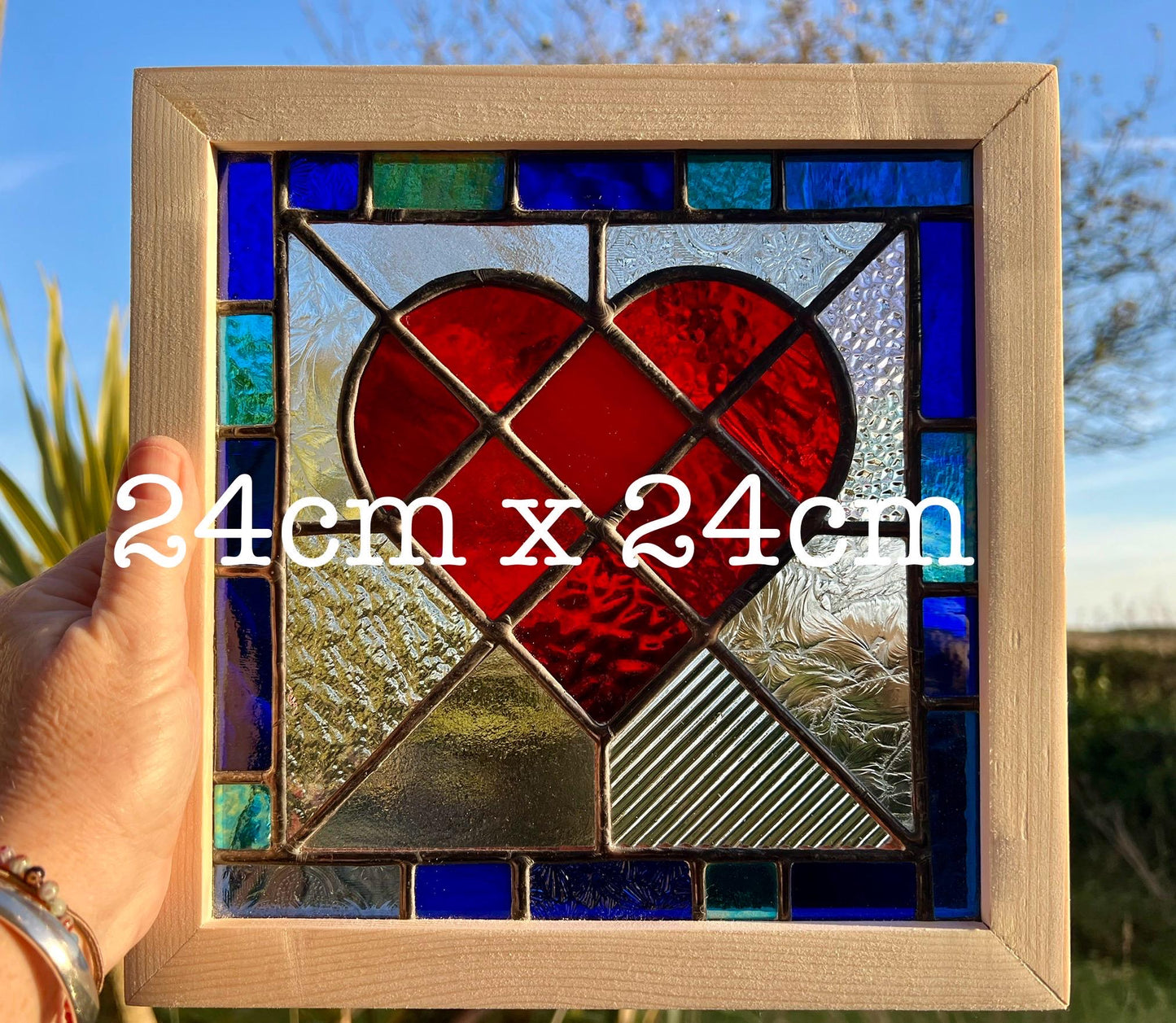 Handcrafted Stained Glass Heart: Ruby Red, Cobalt & Turquoise Border