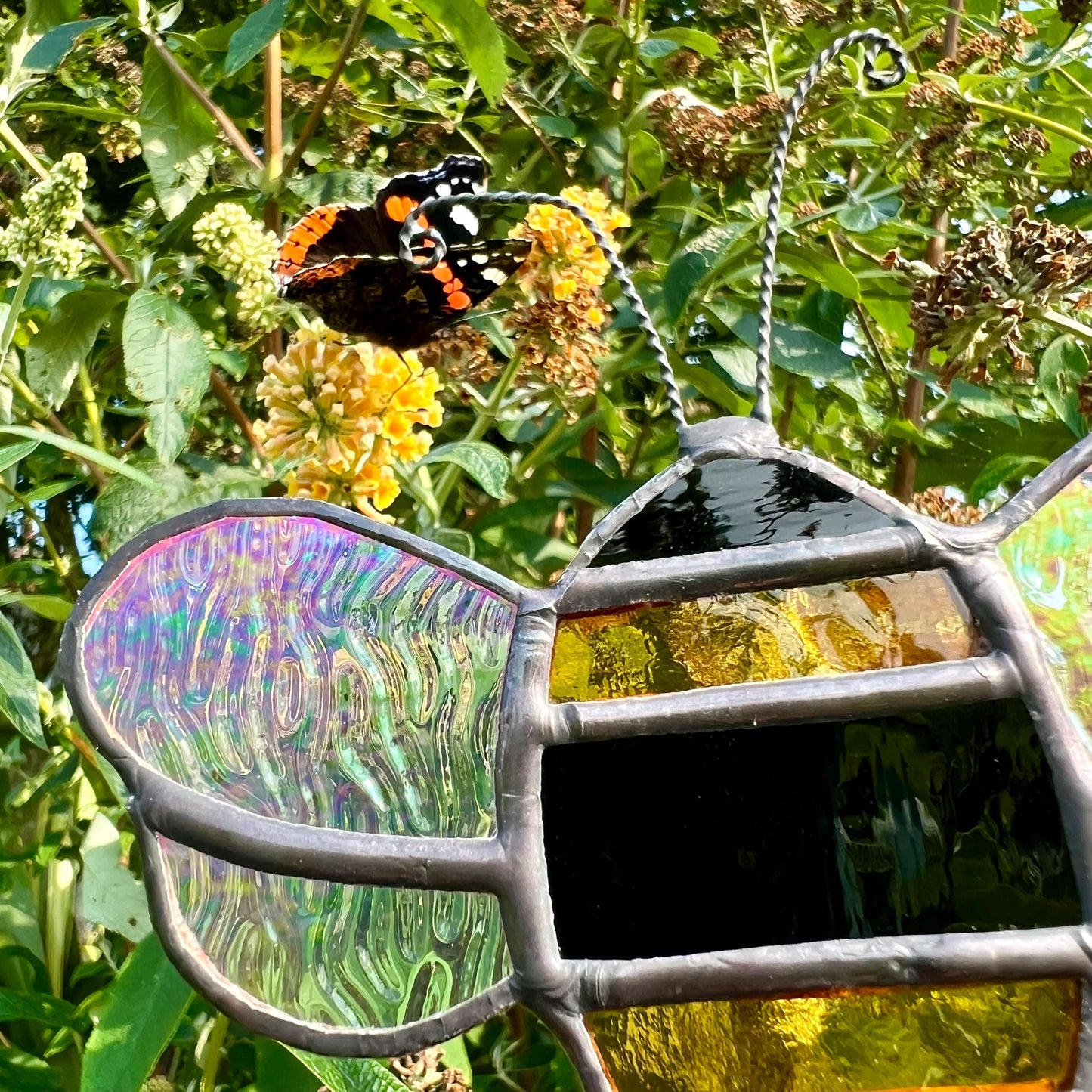 Stained Glass Bee Plant Stake: Iridescent Wings, Garden Decor
