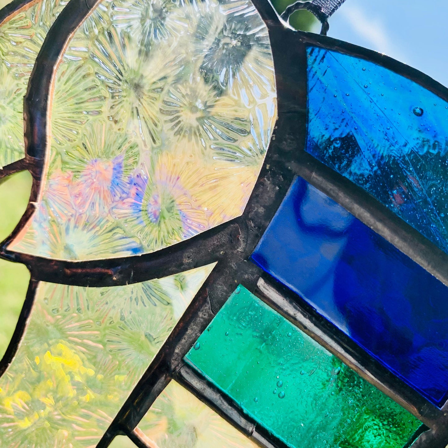 Pretty Elephant Stained Glass Suncatcher in shades of blue & turquoise with iridescent ..