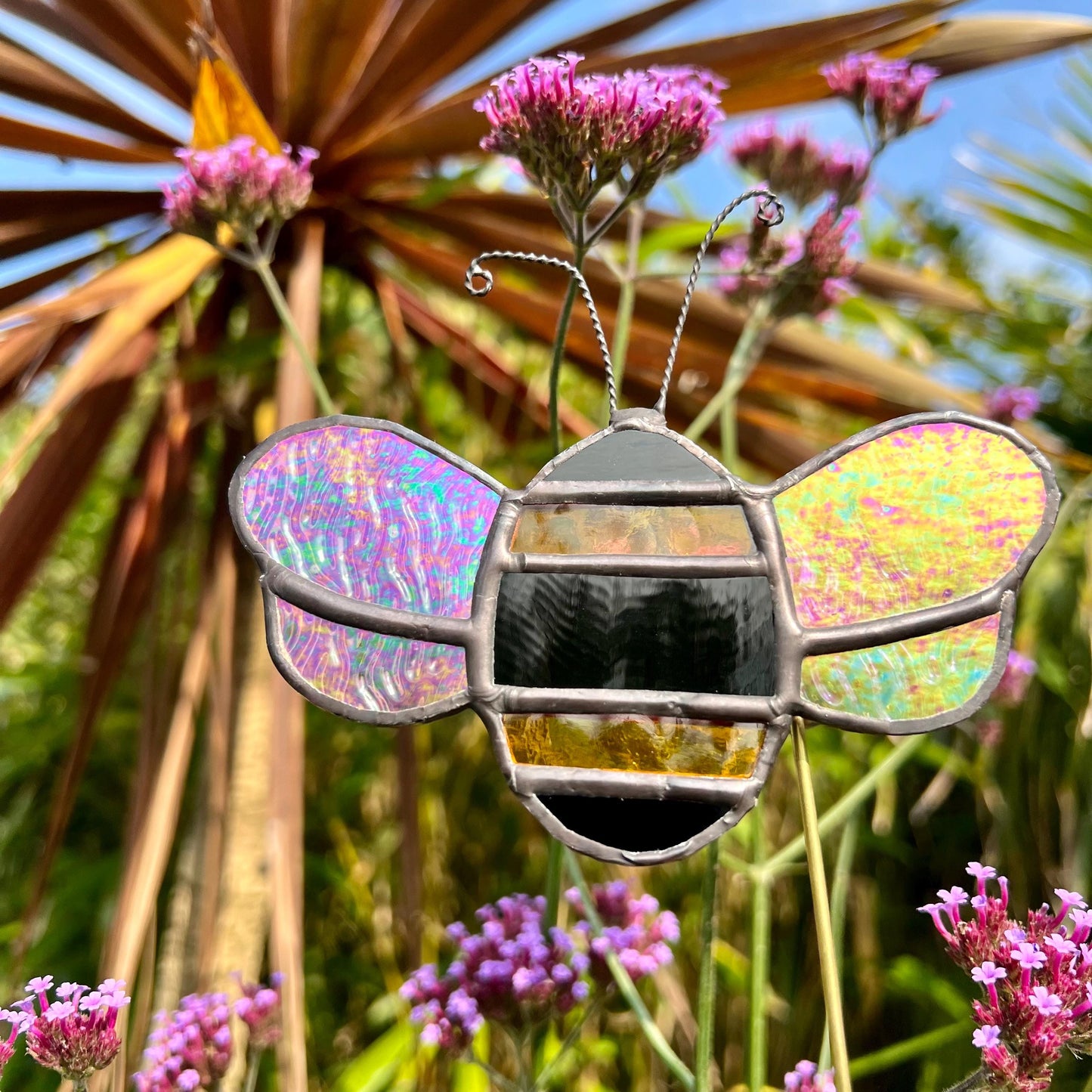 Stained Glass Bee Plant Stake: Iridescent Wings, Garden Decor
