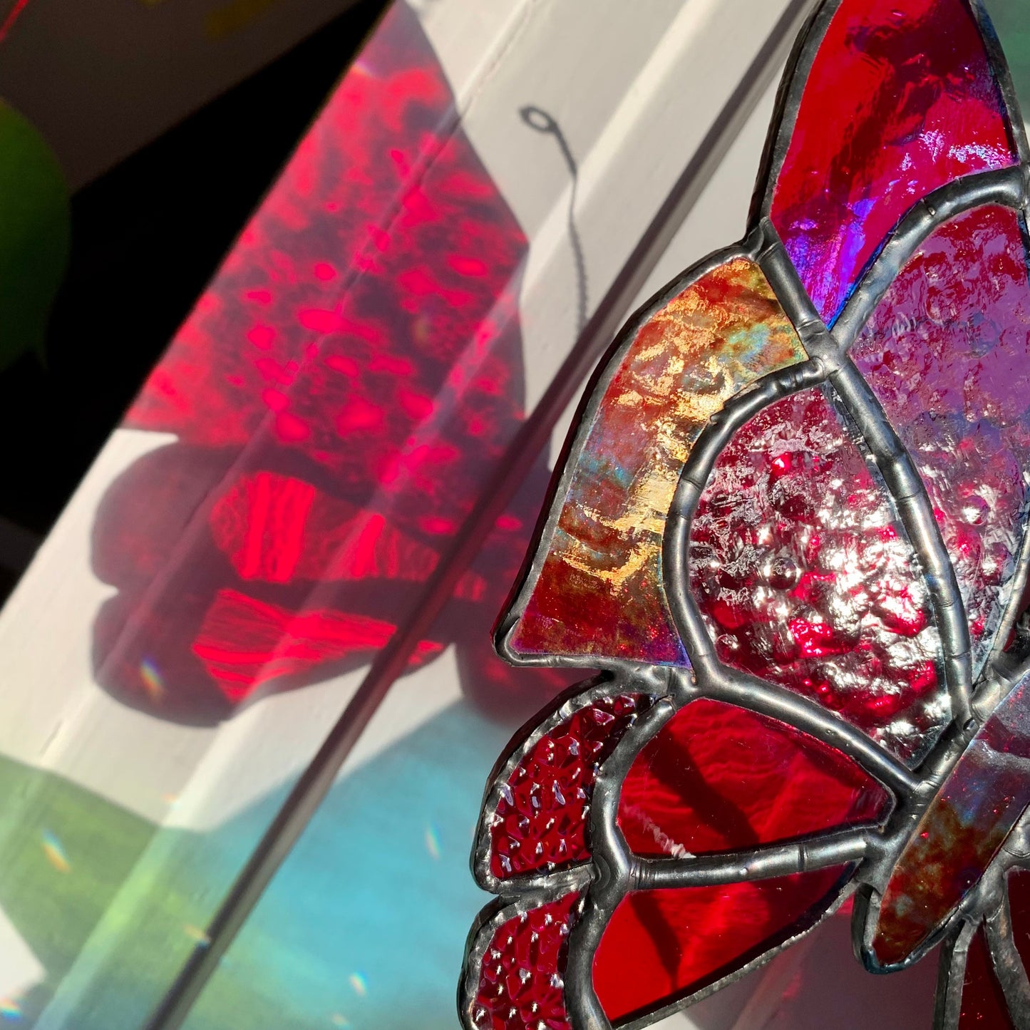 Red Stained Glass Butterfly Suncatcher, Iridescent Window Decor