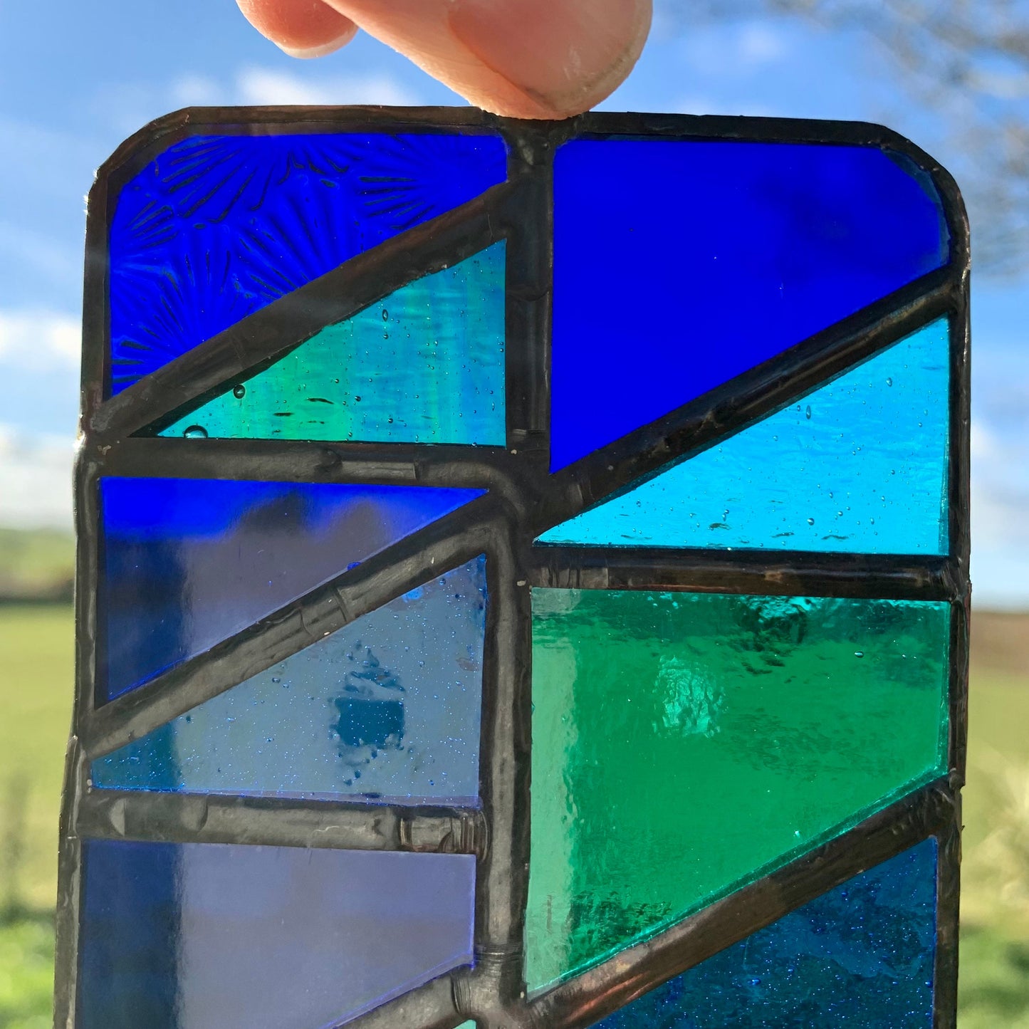 Handcrafted Stained Glass Suncatcher: Ocean Blue Geometric Design