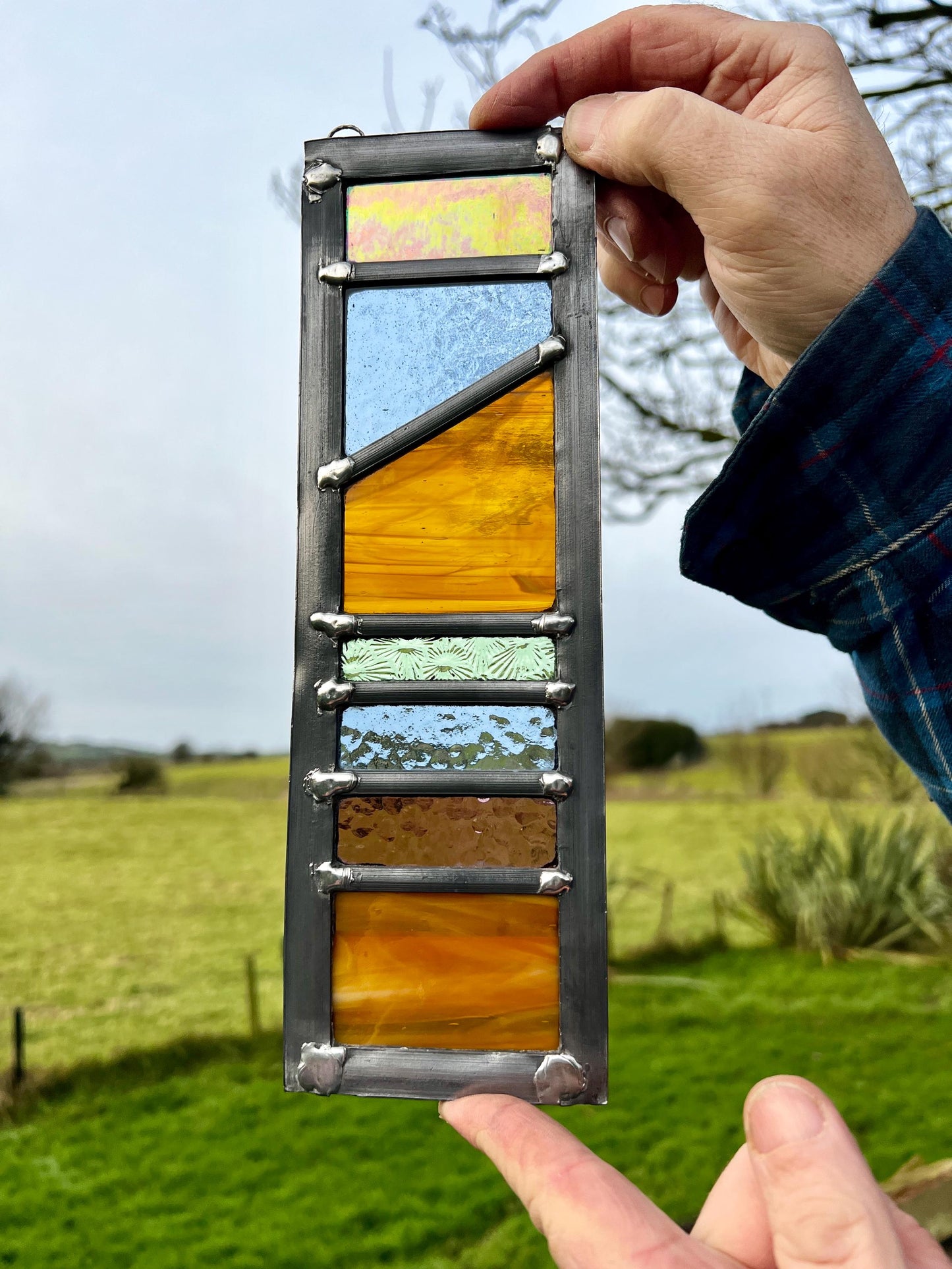Handcrafted Leaded Stained Glass Garden Panel, Honey Blue Plum Green