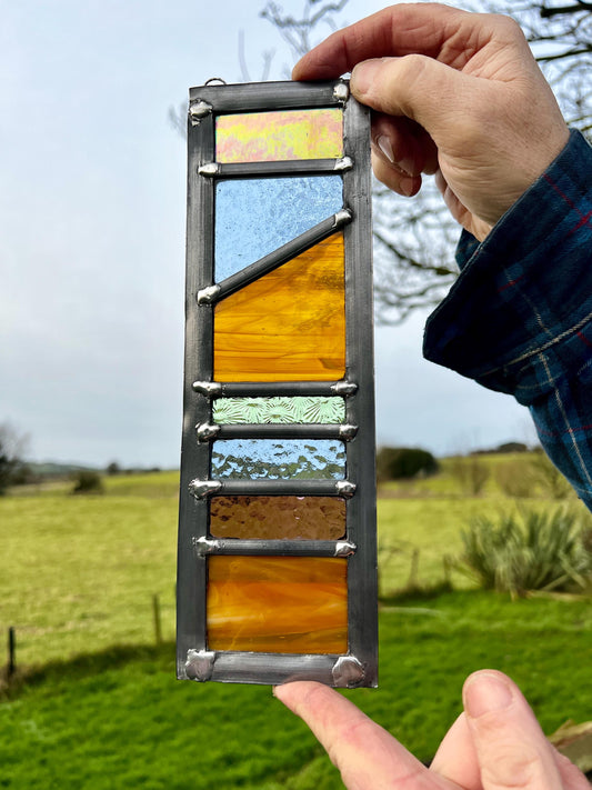 Handcrafted Leaded Stained Glass Garden Panel, Honey Blue Plum Green