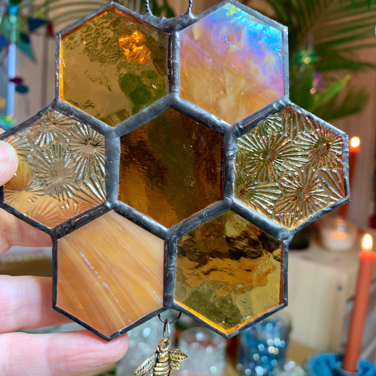 Honeycomb Stained Glass Suncatcher patchwork honeycomb