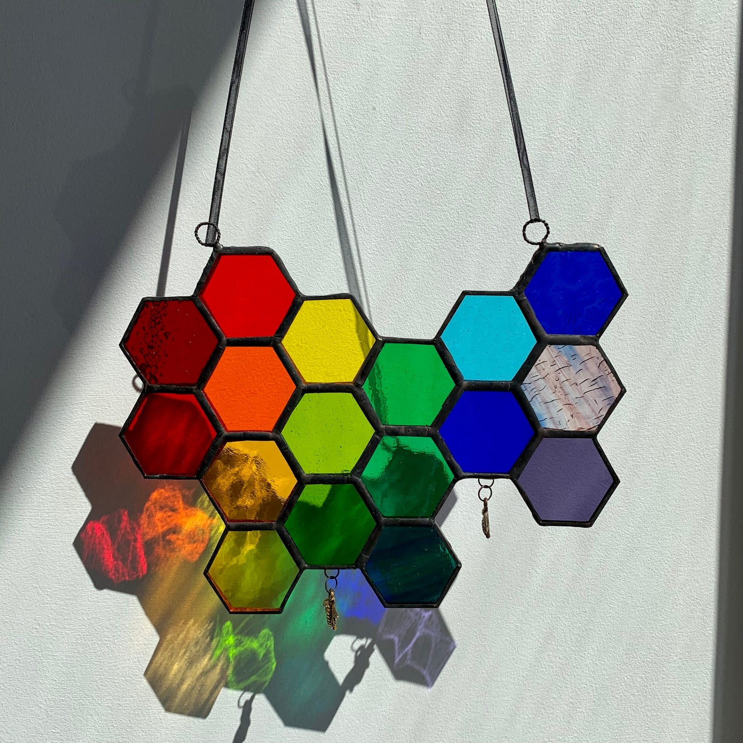Rainbow Stained Glass Honeycomb Suncatcher with Bees
