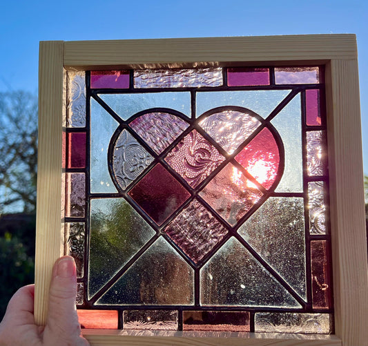 Framed Handcrafted Stained Glass Patchwork  Purple/Plum Heart with Stripey border perfect way to say ‘I love you’ Valentines/Galentines