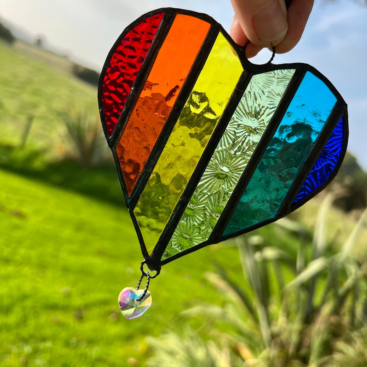 Handcrafted Rainbow Stained Glass Heart Suncatcher with Prism