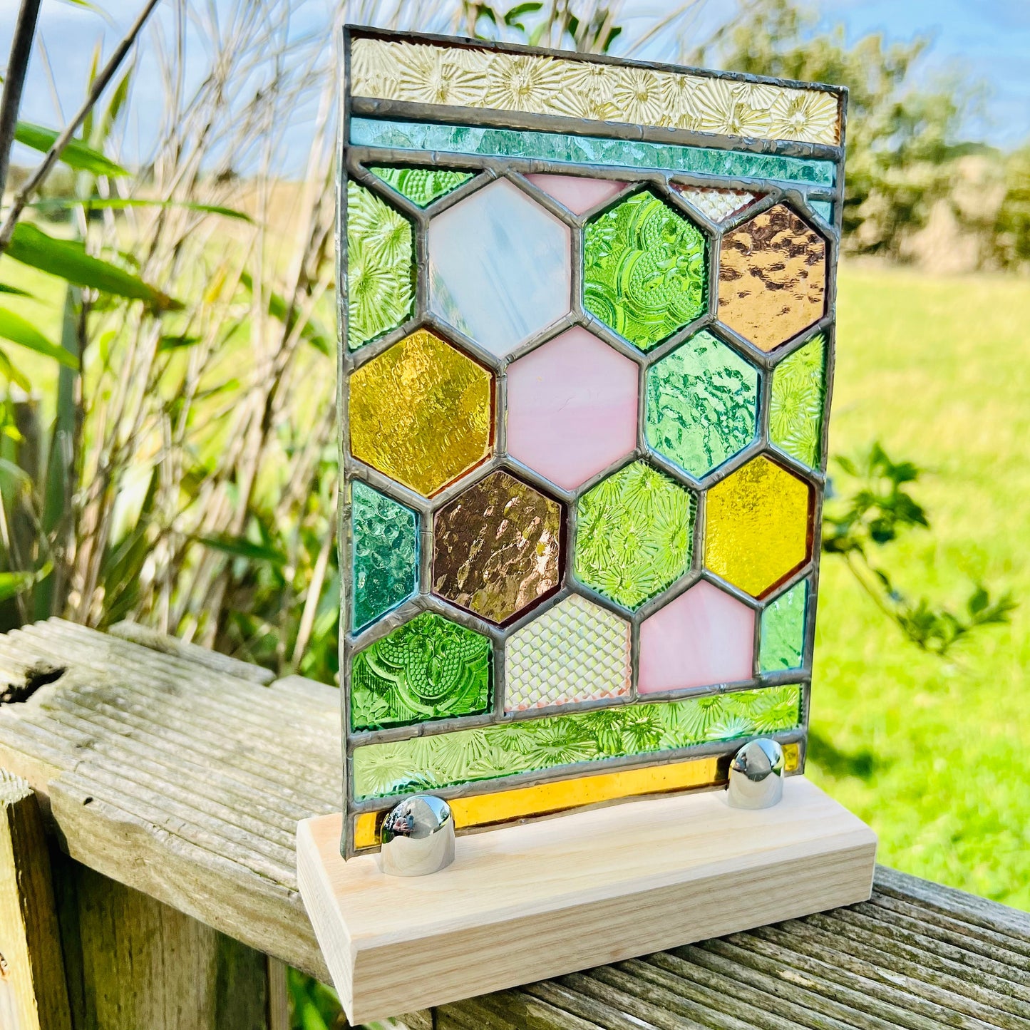 Stained Glass Honeycomb Panel in pretty Pastel Colours including vintage glass