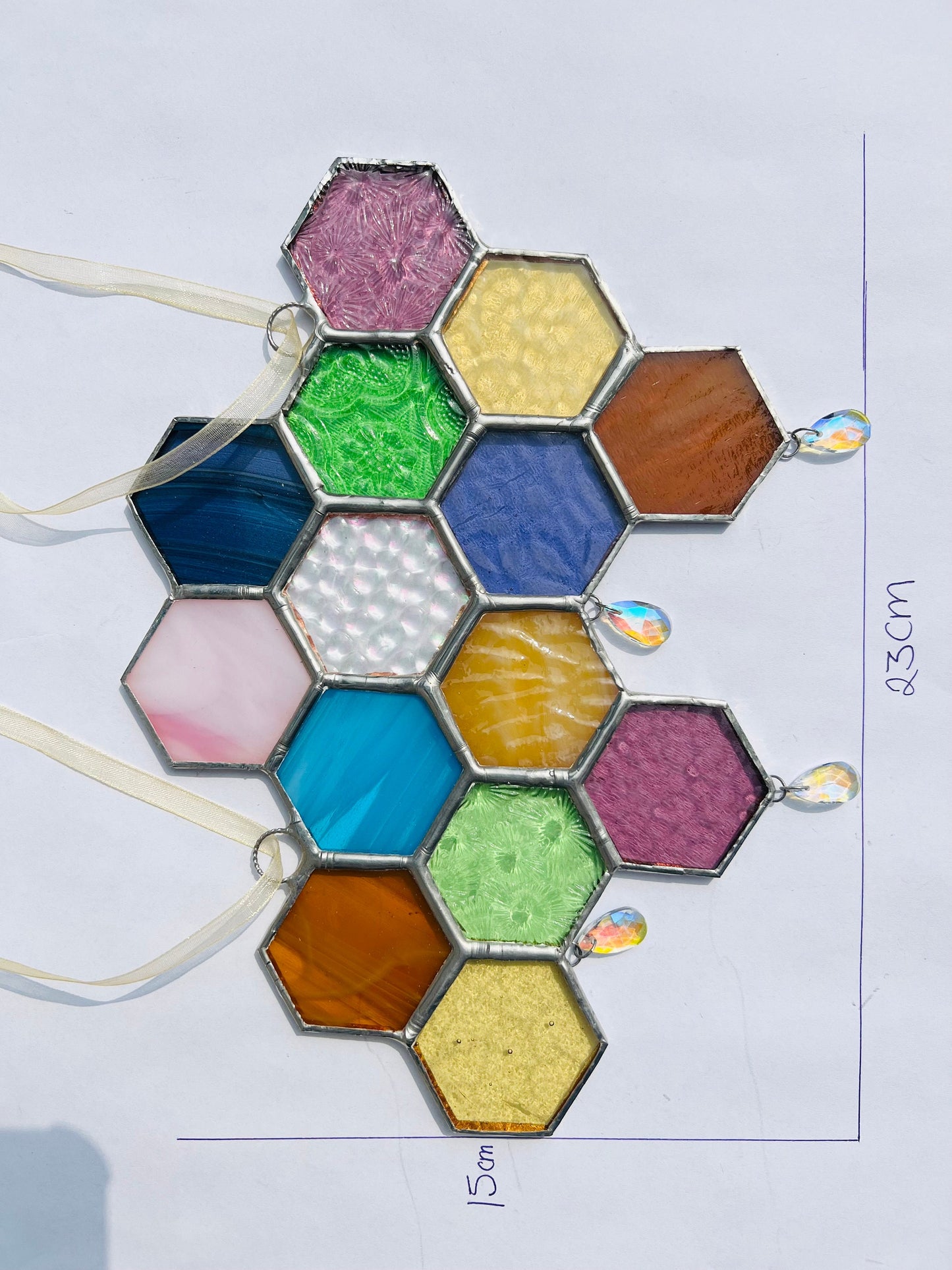 Stained Glass Honeycomb Suncatcher: Pastel Iridescent Glass Droplets