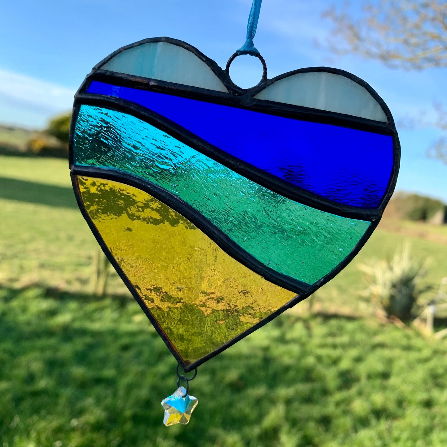 Stained Glass Heart Suncatcher: Sea Blue Colors, Star Prism