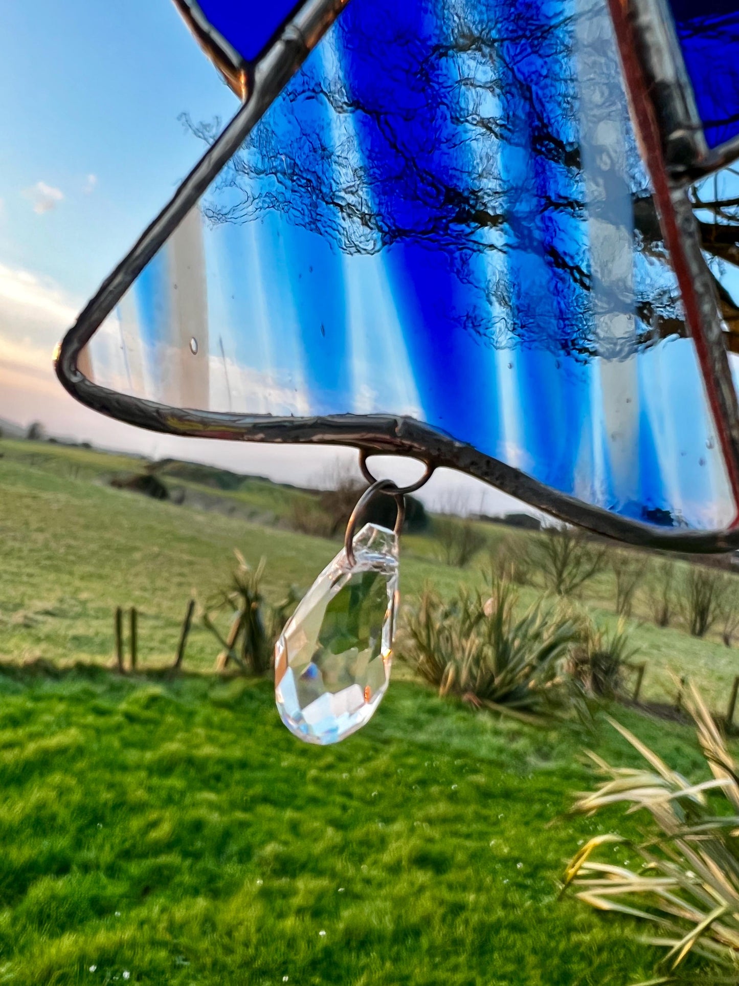Blue Stained Glass Angel Suncatcher with Prism – Handmade Window Ornament