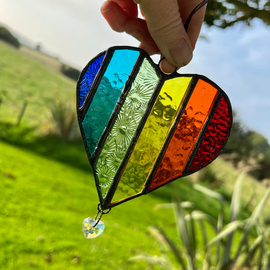 Handcrafted Rainbow Stained Glass Heart Suncatcher with Prism