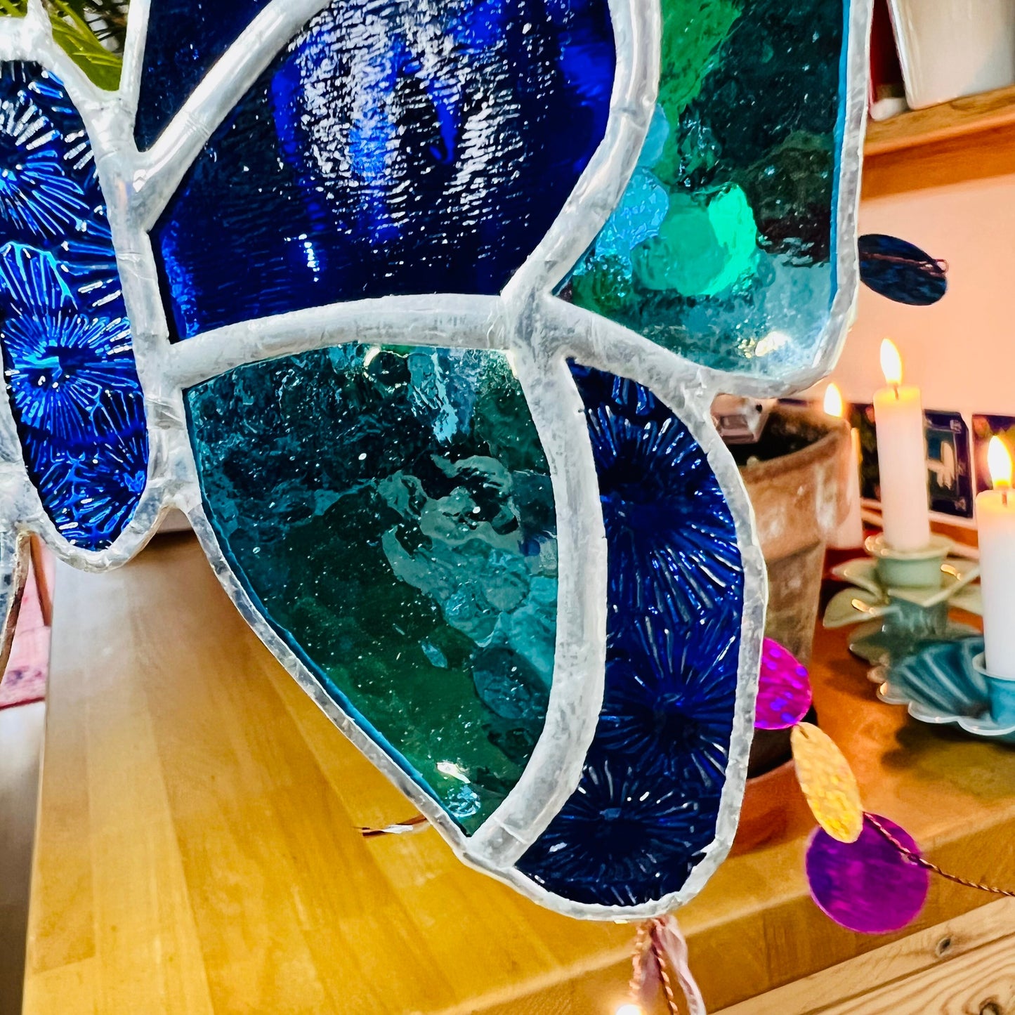 Blue Stained Glass Butterfly Suncatcher, Turquoise Cobalt Window Hanging