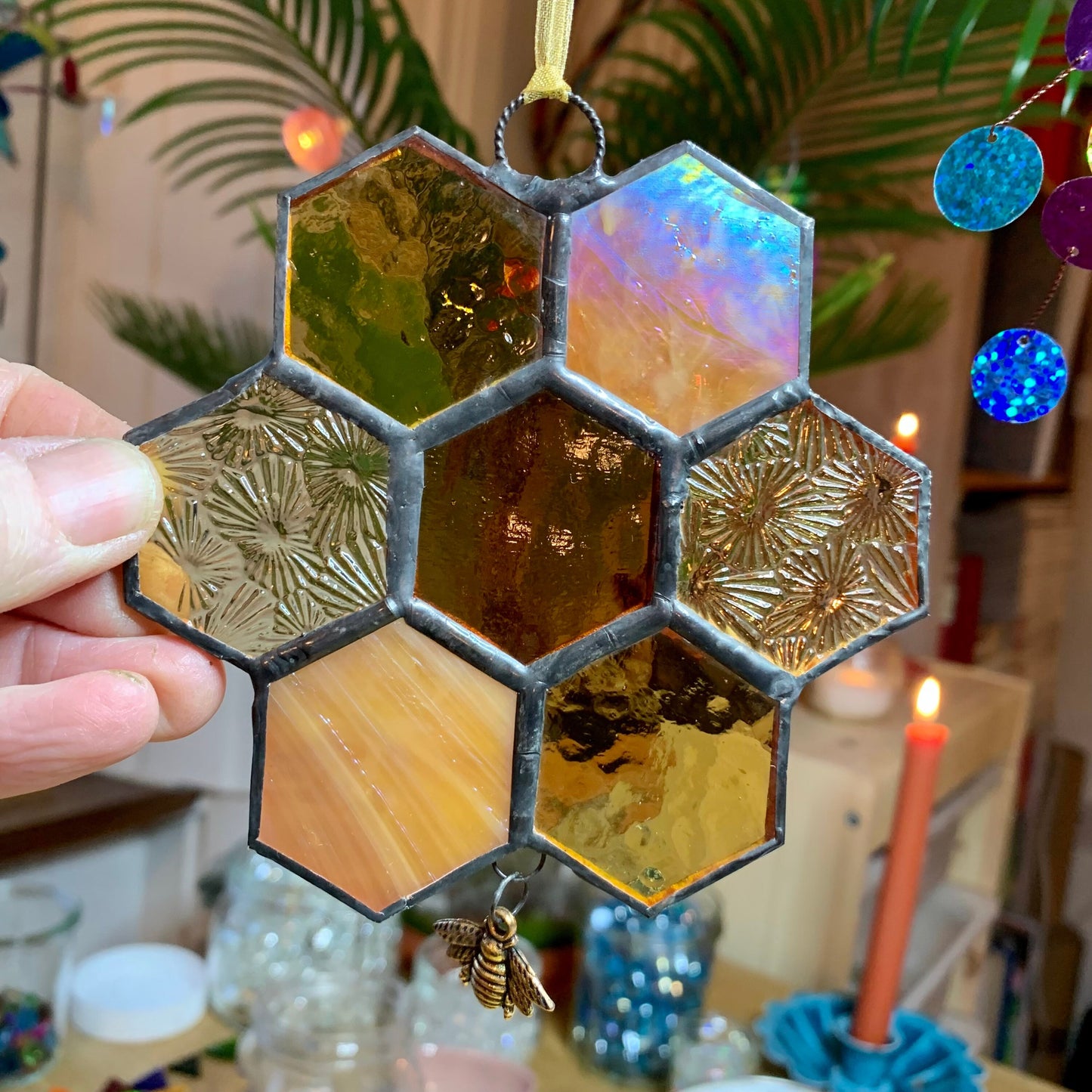 Honeycomb Stained Glass Suncatcher patchwork honeycomb