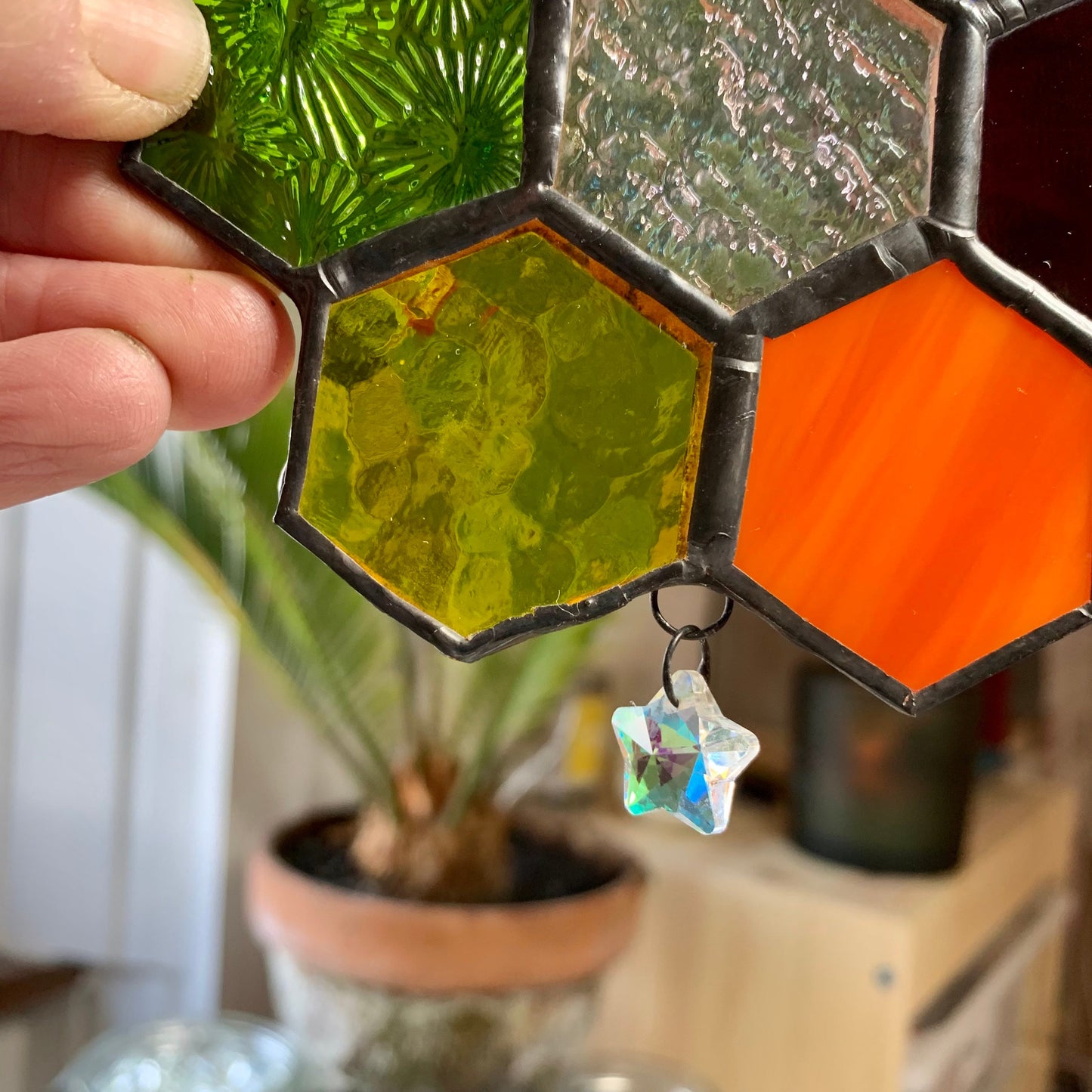 Rainbow Honeycomb Stained Glass Suncatcher with Prism
