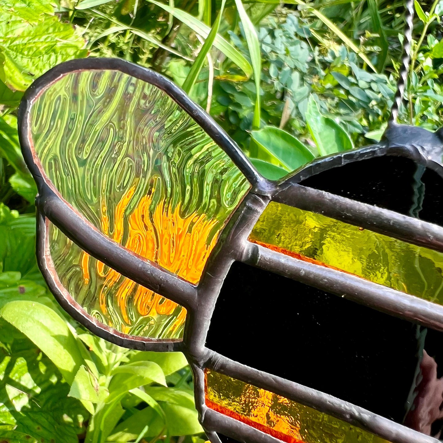 Stained Glass Bee Plant Stake: Iridescent Wings, Garden Decor