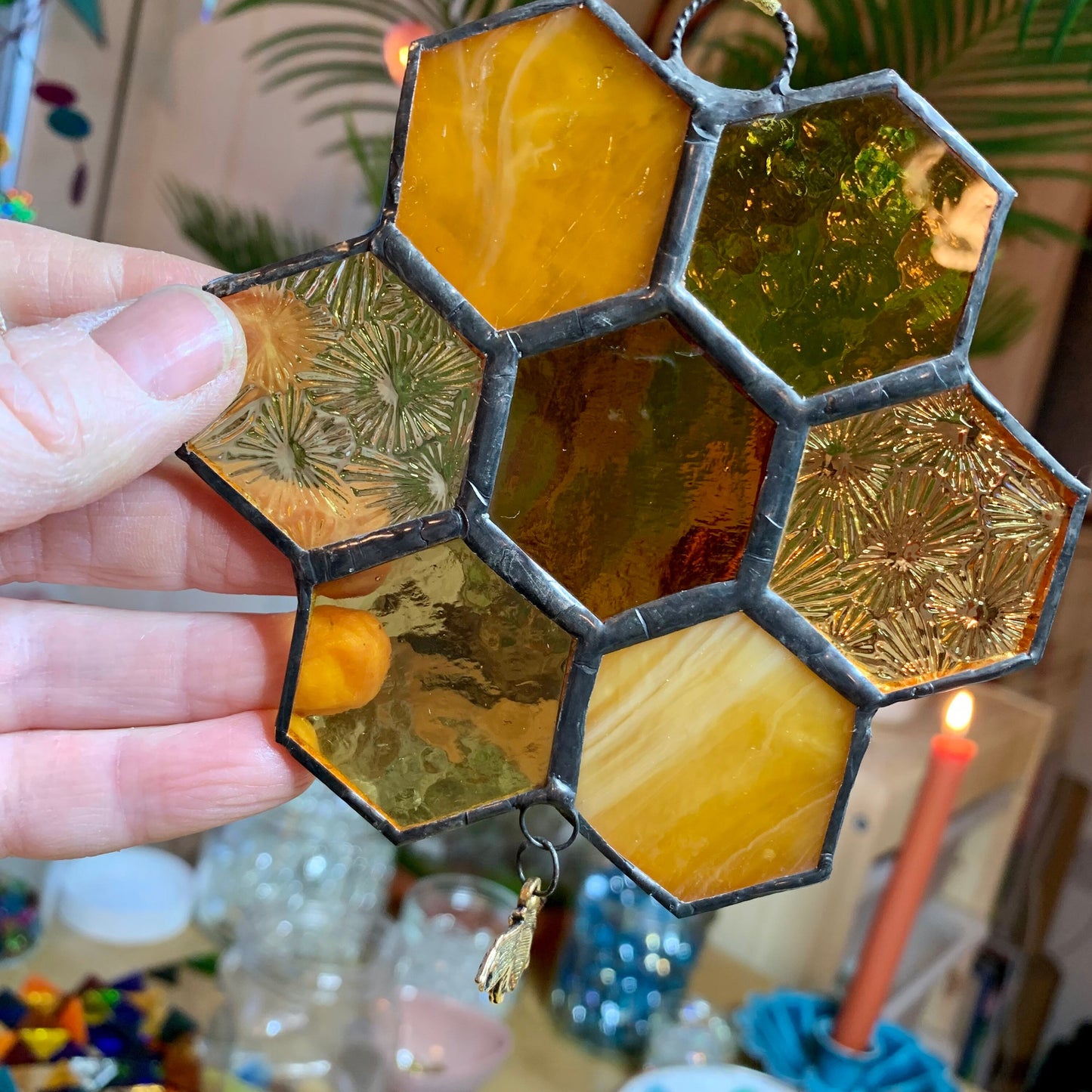 Honeycomb Stained Glass Suncatcher patchwork honeycomb