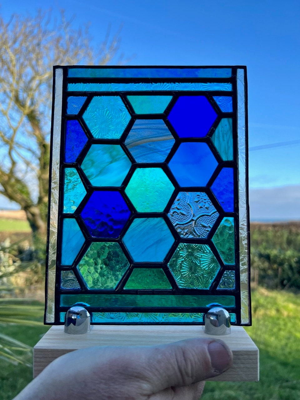 Stained Glass Honeycomb Panel in deep  blues and turquoise including lots of textures.