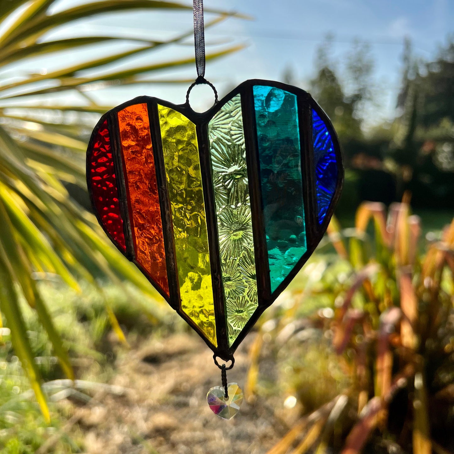 Handcrafted Rainbow Stained Glass Heart Suncatcher with Prism