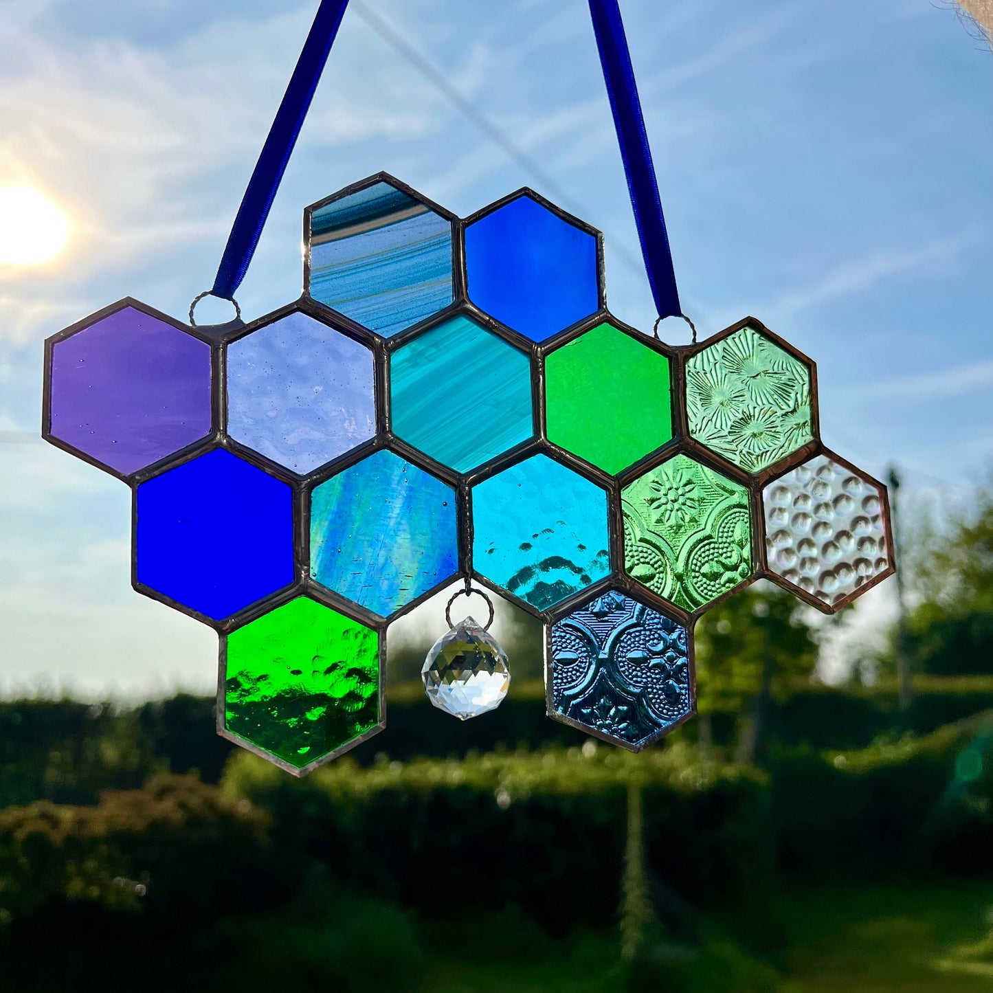 Stained Glass Honeycomb Suncatcher, Iridescent Glass Prism, Gift for Gardener