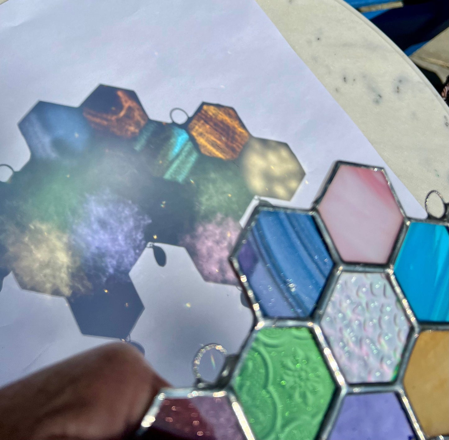 Stained Glass Honeycomb Suncatcher: Pastel Iridescent Glass Droplets