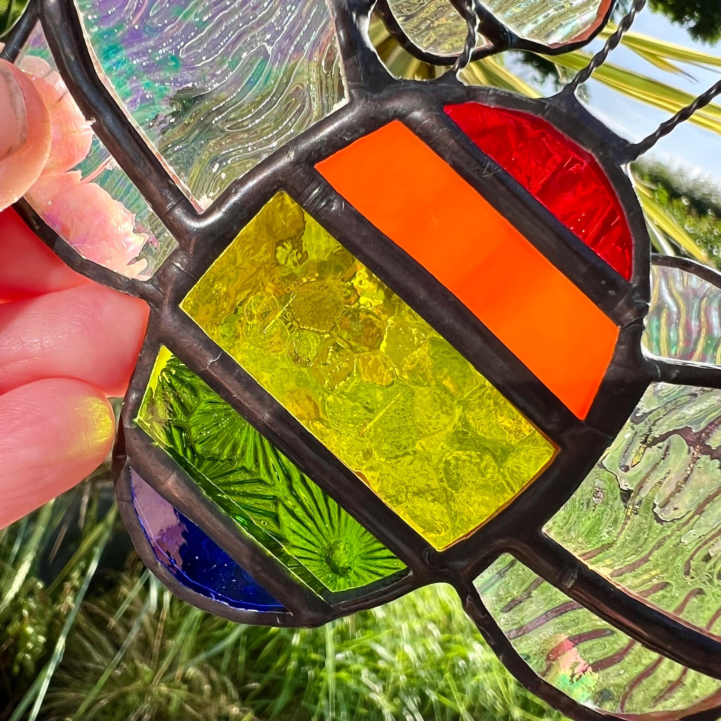Rainbow Stained Glass Bee Suncatcher: Iridescent Window Decor