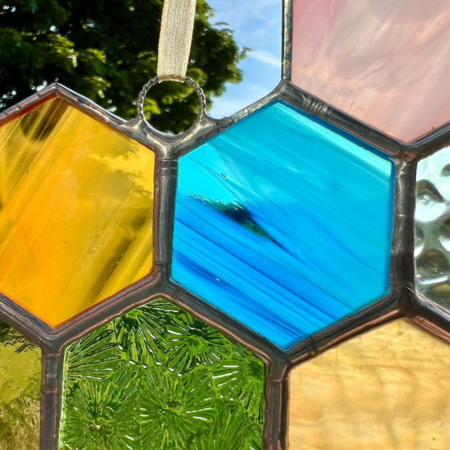 Stained Glass Honeycomb Suncatcher: Pastel Iridescent Glass Droplets