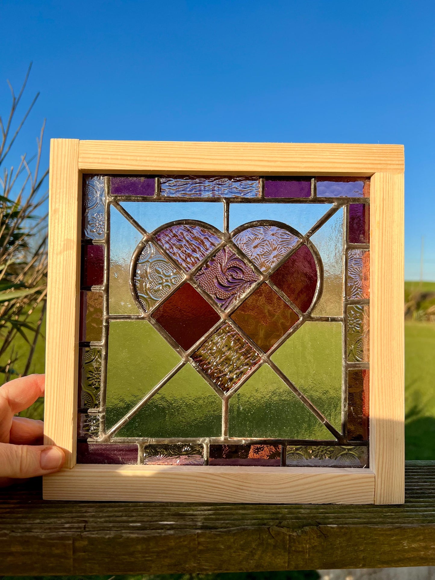 Framed Handcrafted Stained Glass Patchwork  Purple/Plum Heart with Stripey border perfect way to say ‘I love you’ Valentines/Galentines
