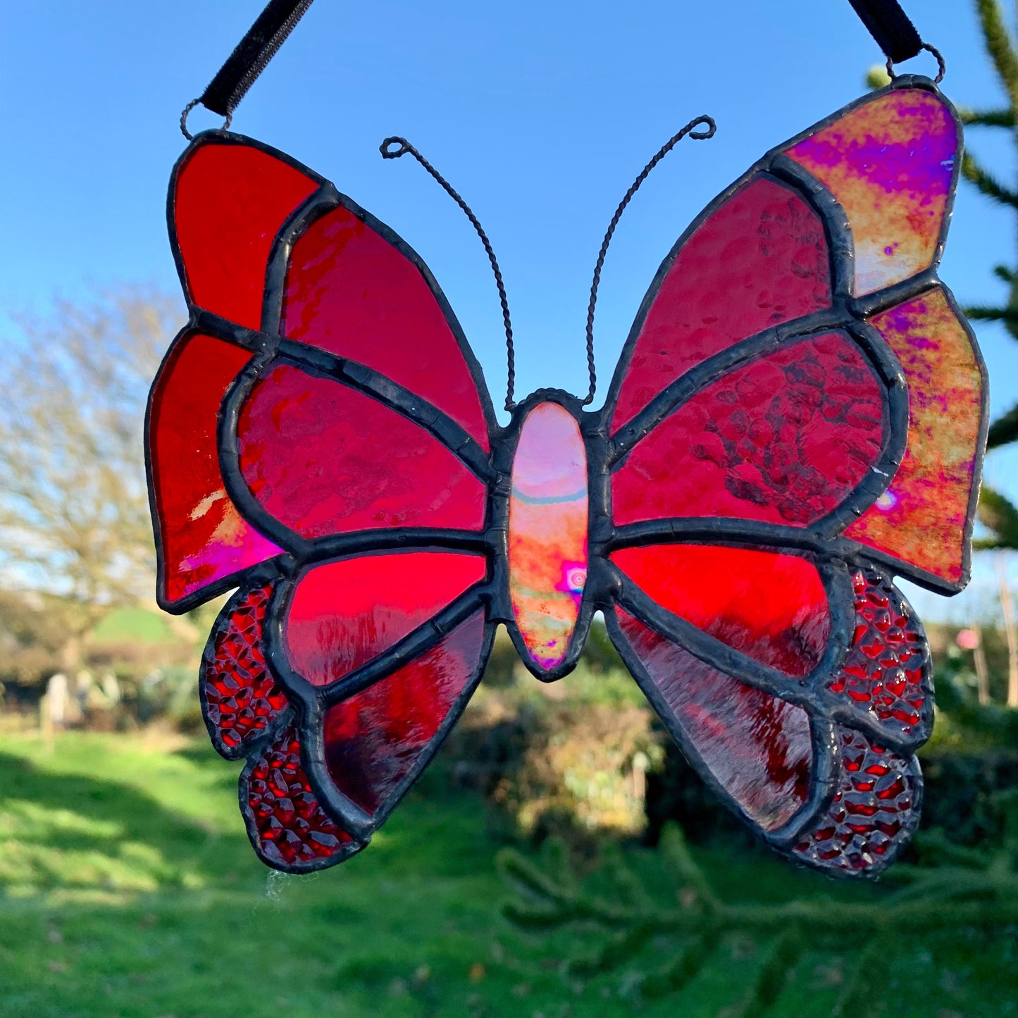 Red Stained Glass Butterfly Suncatcher, Iridescent Window Decor