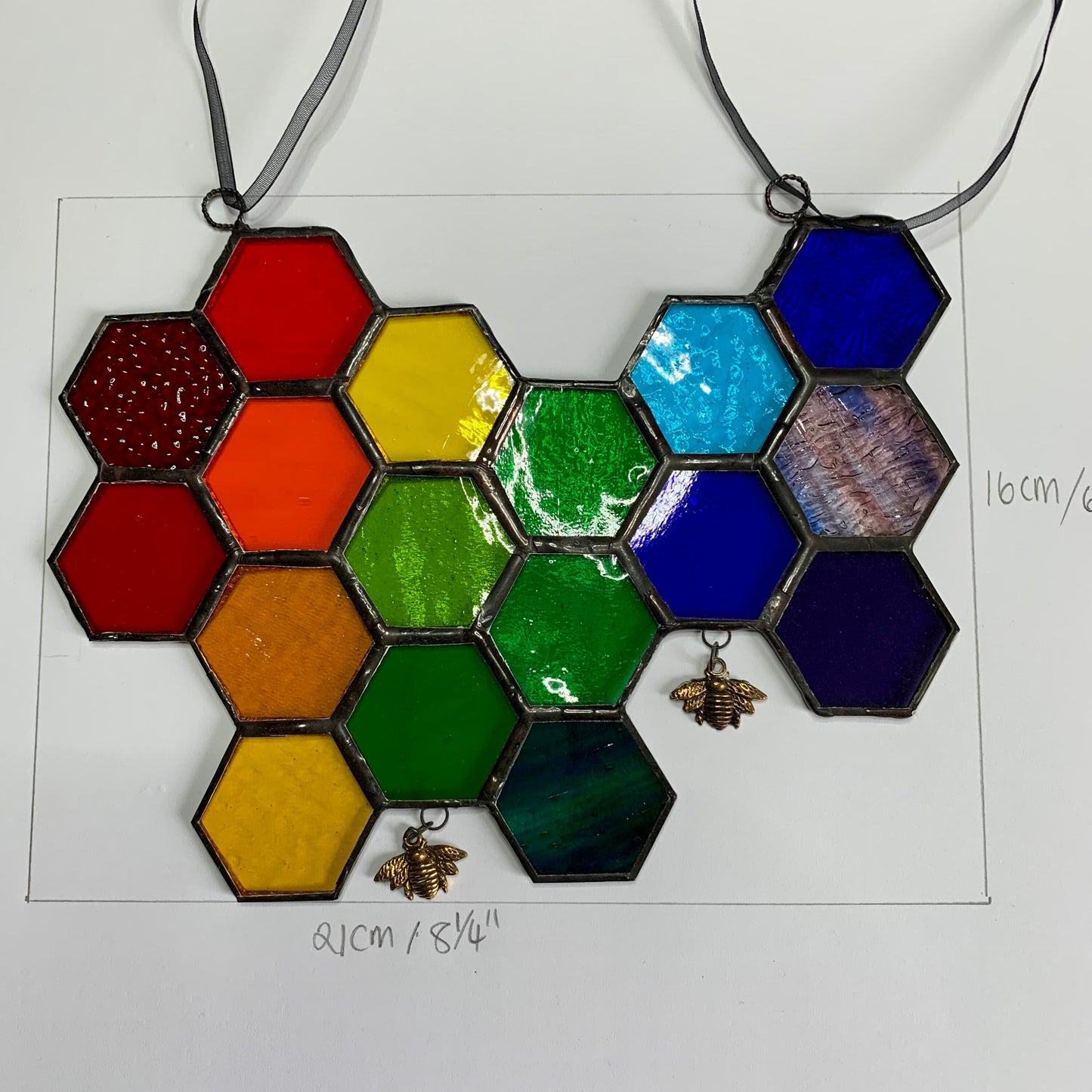 Rainbow Stained Glass Honeycomb Suncatcher with Bees