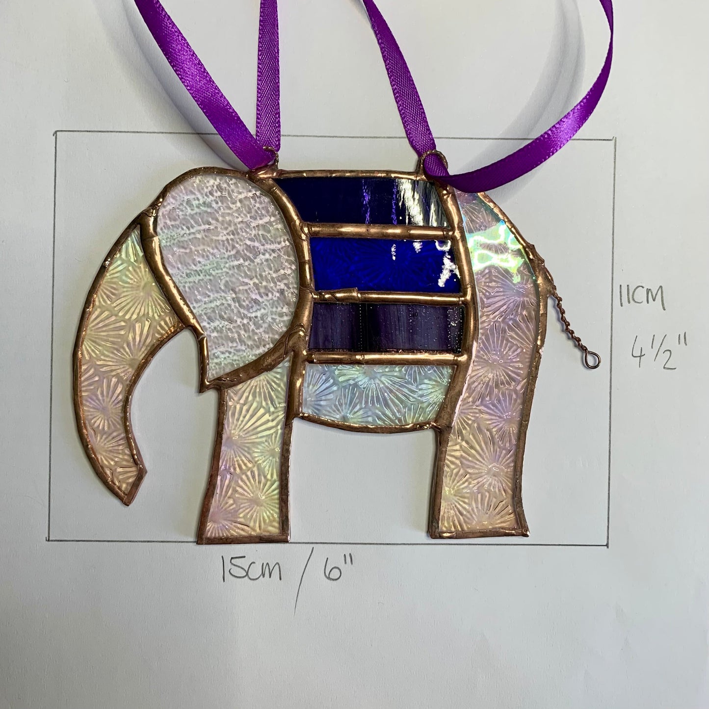 Pretty Elephant Stained Glass Suncatcher in shades of purple with iridescent ..