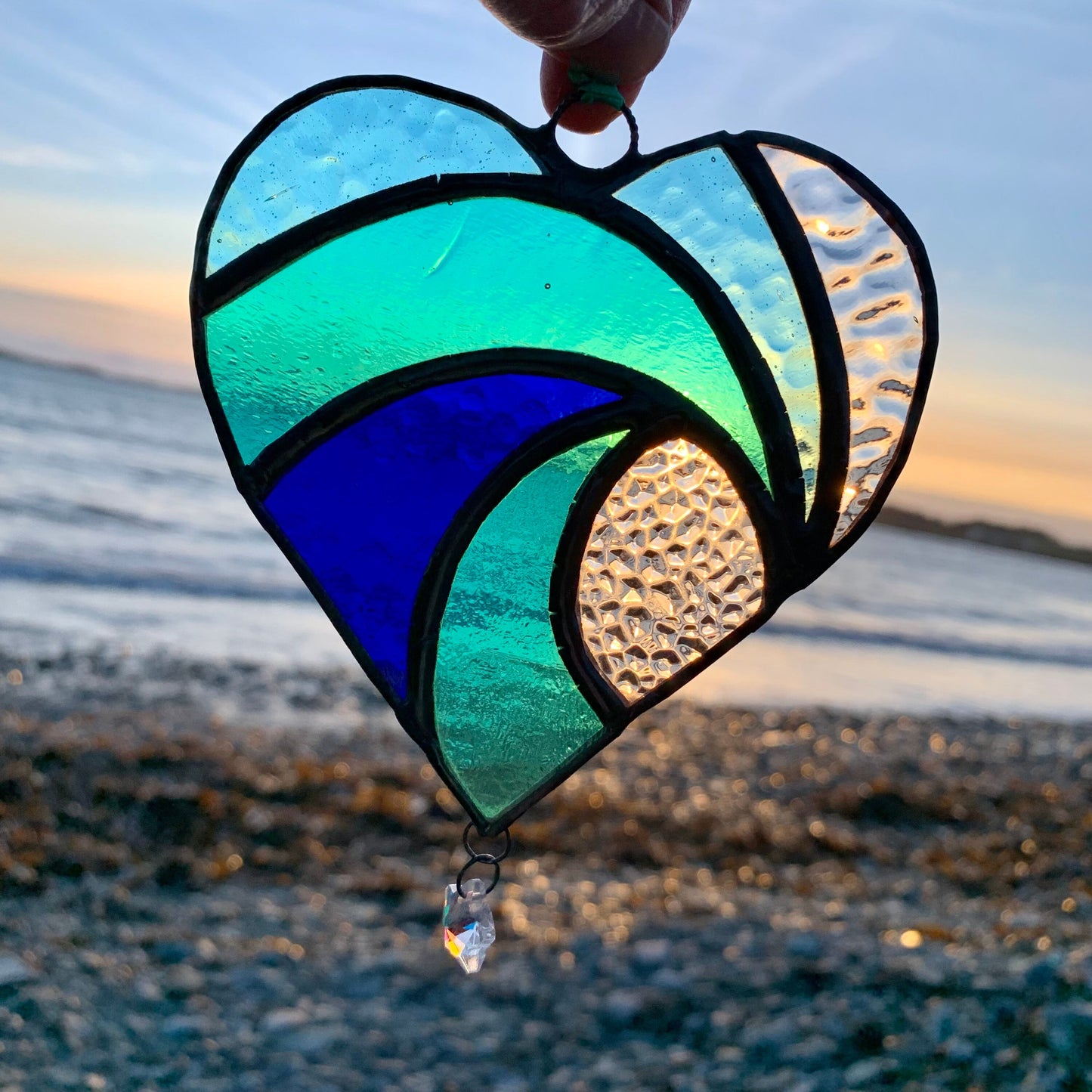 Stained Glass Heart Suncatcher: Sea Blue Wave with Iridescent Star