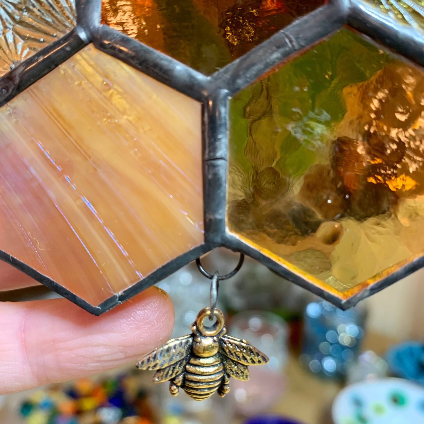 Honeycomb Stained Glass Suncatcher patchwork honeycomb